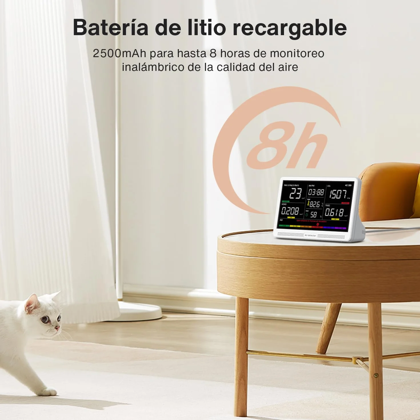 bonoch Monitor de Calidad del Aire 16 en 1 para Interiores con Pantalla de 7" – 9 AQI + 7 Alertas AQI – Medidor de CO2, TVOC, PM2.5, PM1.0, PM10, HCHO, Temperatura, Humedad, AQI y Hora – Para Hogar