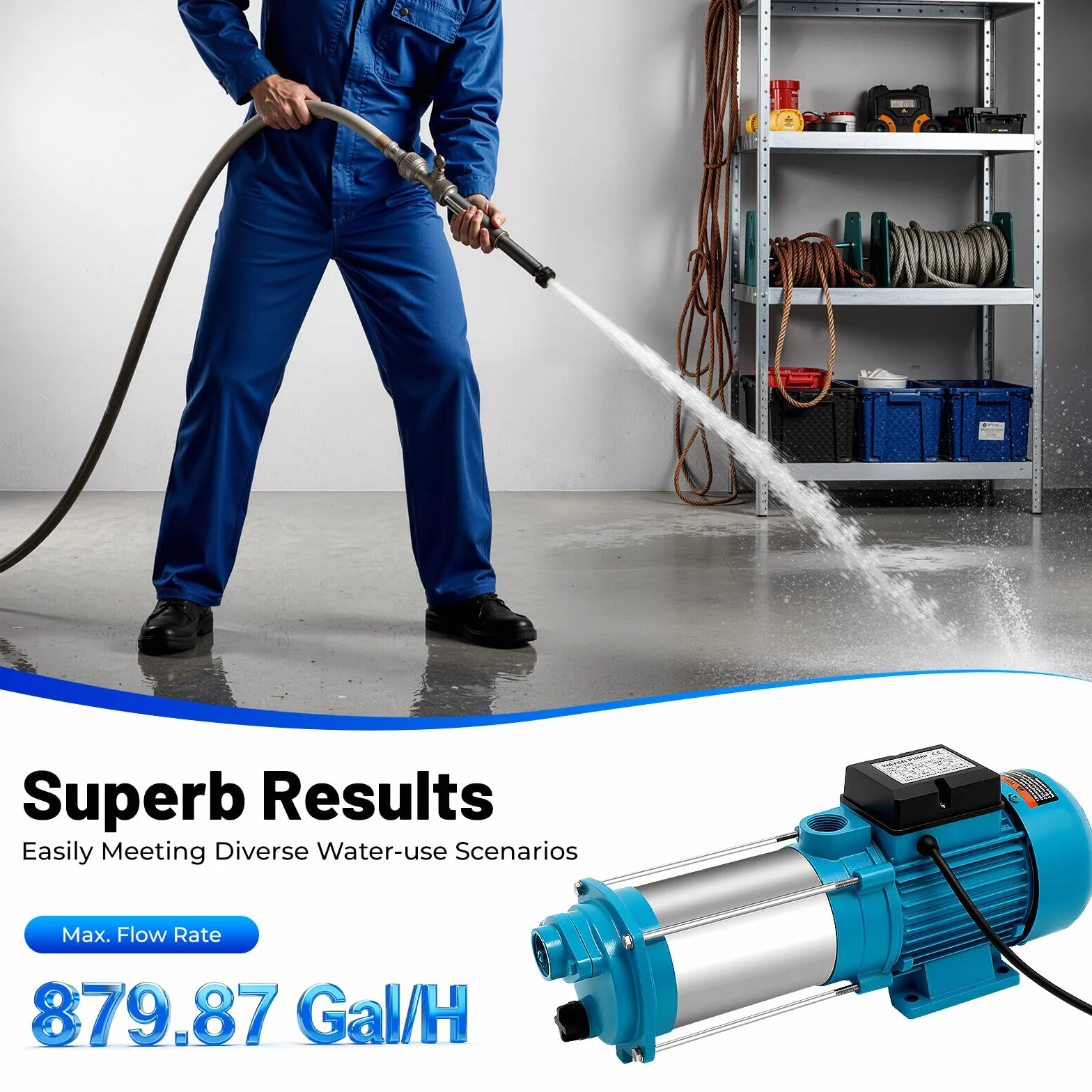 Bomba centrífuga de agua 2200 W, acero inoxidable, 879,87 gal/h, 2850 rpm, bomba centrífuga IP44, autocebante, jardín, casa, riego, bomba de alta presión, enchufe europeo