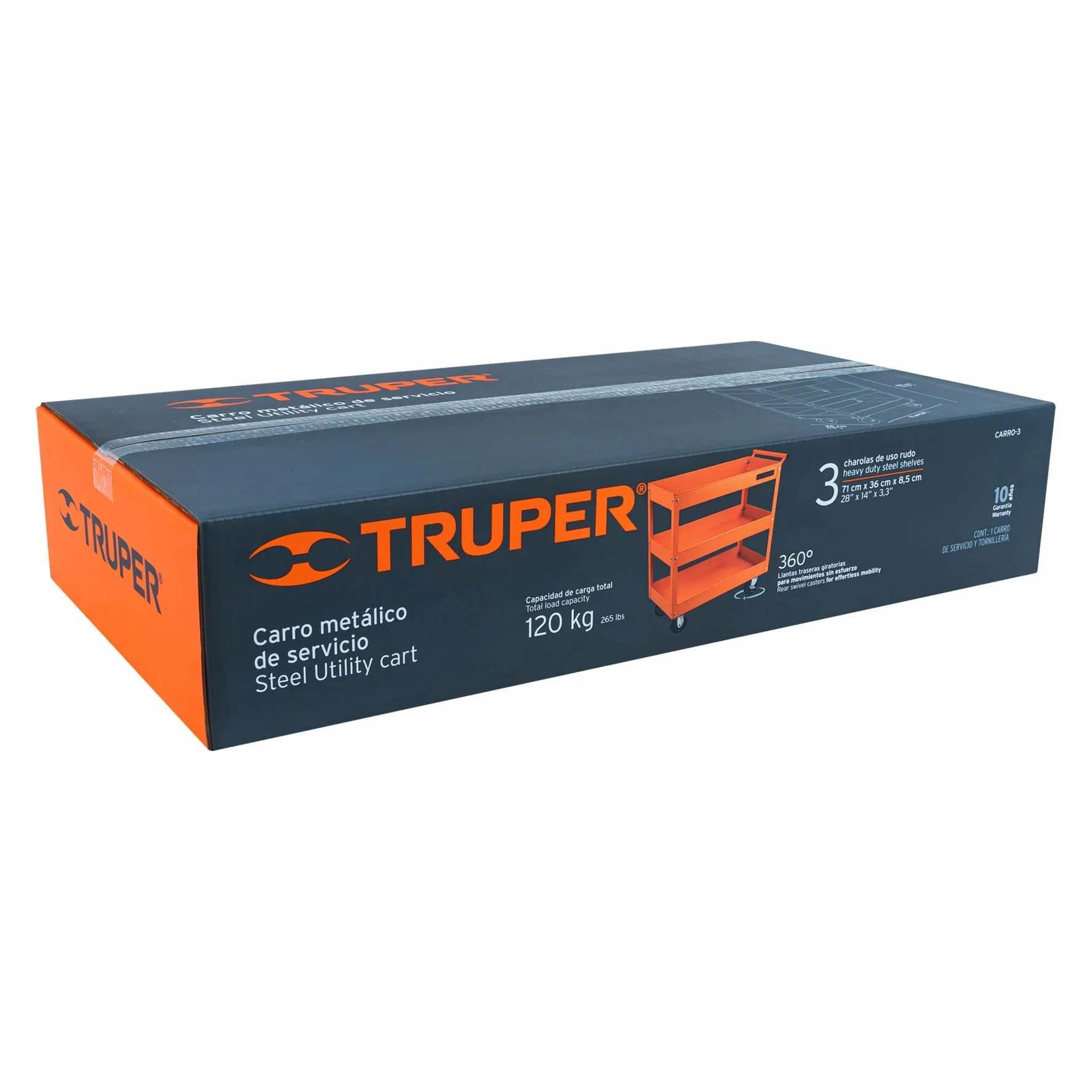 Carro de servicio Truper 3 estantes, neumático, 33.95 lbs, naranja, acero aleado, interior