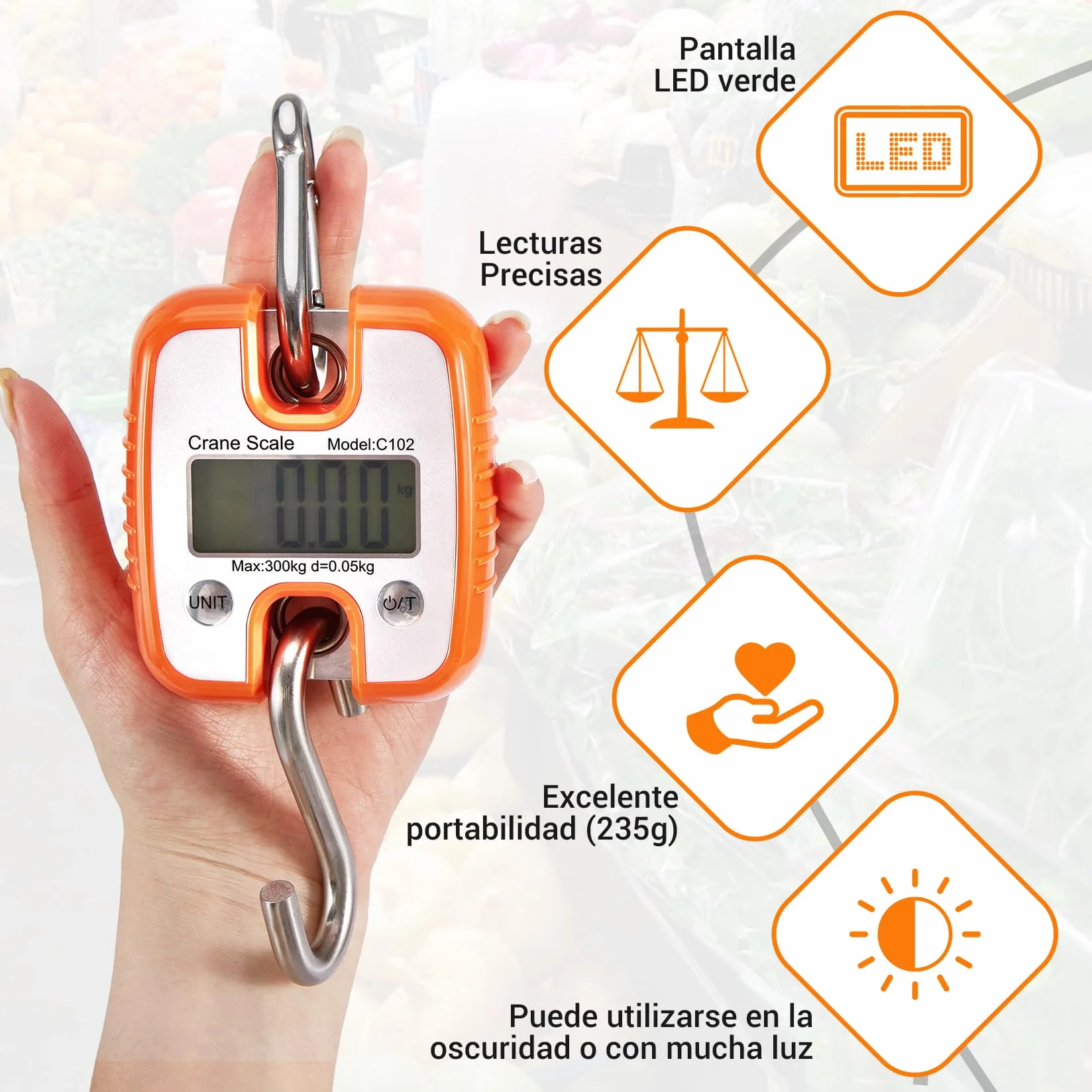 CarBole Báscula de Grúa Digital de 300KG/660lb,Báscula Portátil de Elevación con Pantalla LCD y Gancho Robusto,para Usos Industriales