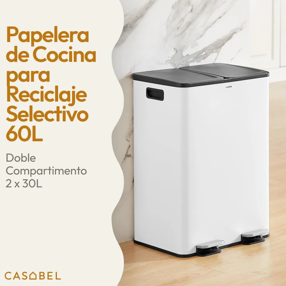 CASABEL Cubo de Basura Selectiva 60L, 2 x 30 Litros, Compartimentos Dobles 2x30L, Acero Inoxidable blanco, Papelera de Reciclaje de Pedal Rectangular, Anti Trazas, Anti Olores