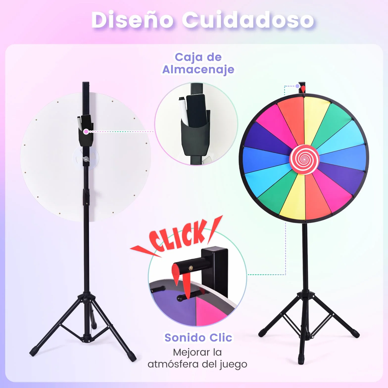 RELAX4LIFE Ruleta de la Suerte 60 cm 14 Ranuras Altura Ajustable 111-167 cm Rueda de la Fortuna con Soporte de Metal Desmontable