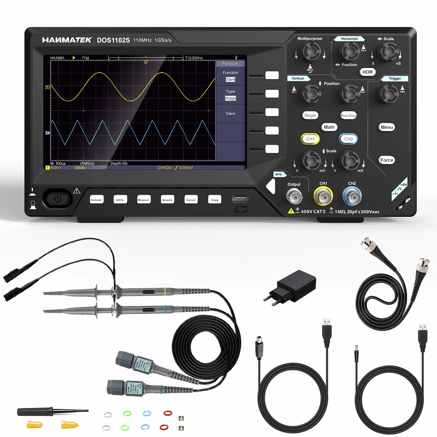HANMATEK 2 en 1 Osciloscopio Digital Generador de señal DDS DOS1102S con Ancho de Banda de 110 mhz, 2 Canales y Pantalla TFT-LCD, Frecuencia de Muestreo de 500 MS/s *2