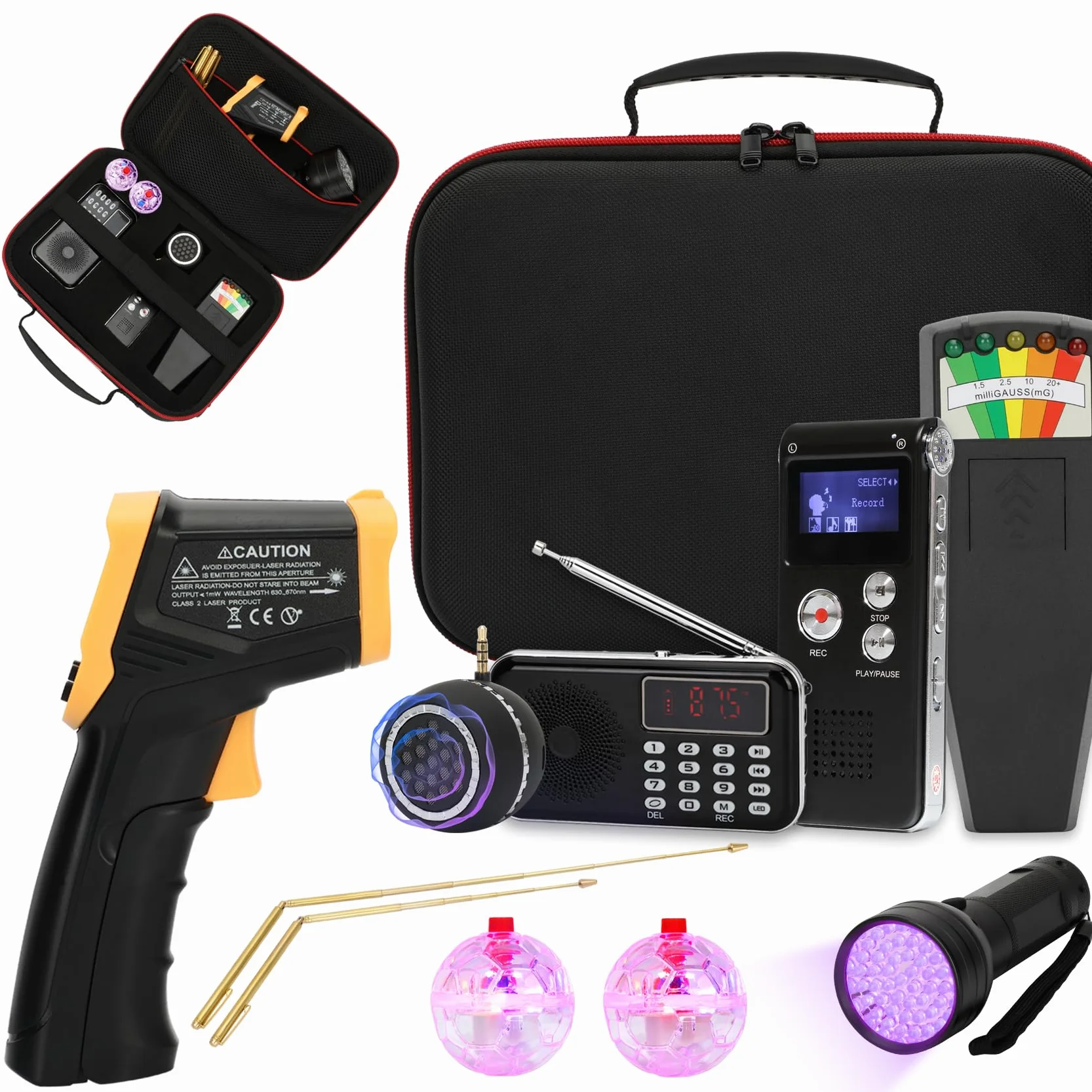 Kit de caza de fantasmas de 11 piezas con 1 medidor EMF, 1 grabadora EVP, 1 caja de espíritu, 1 altavoz, 1 termómetro infrarrojo, 1 luz UV, 2 varillas de detección de latón, 2 bolas de gato con luz
