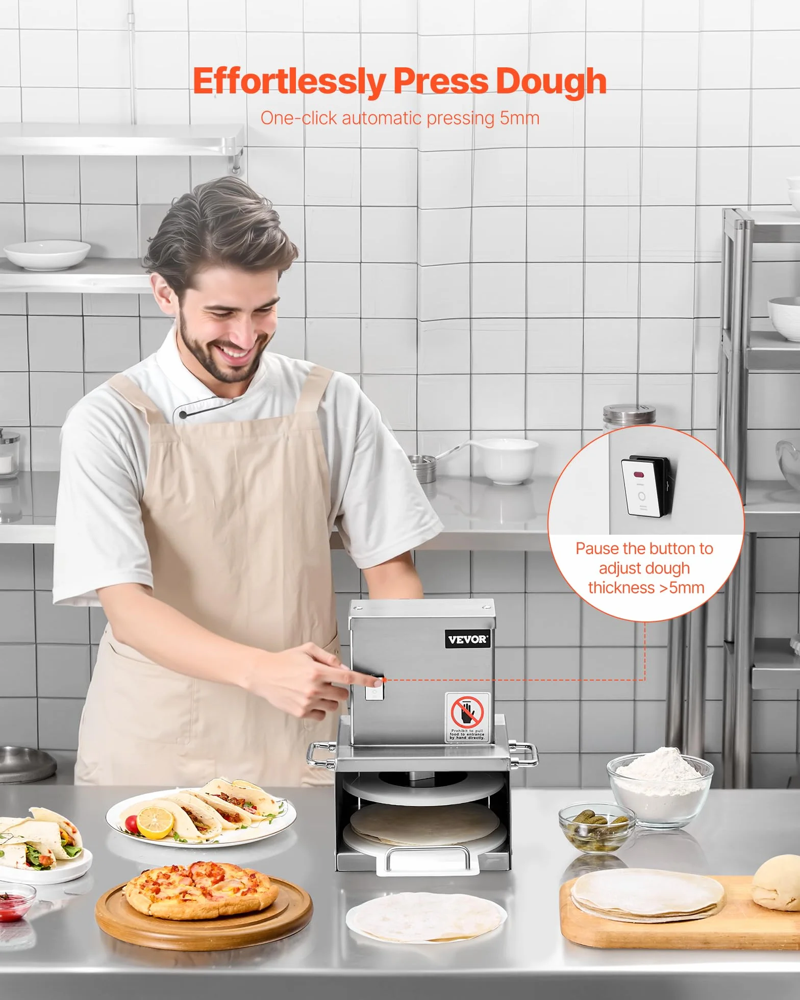 VEVOR Prensa Eléctrica para Masa de Pizza, Placa de Prensado 15 cm, Máquina de Pan de Acero Inoxidable, Espesor Ajustable, con 100 Hojas de Papel Pergamino, 240 x 250 x 330 mm, Fácil de Usar