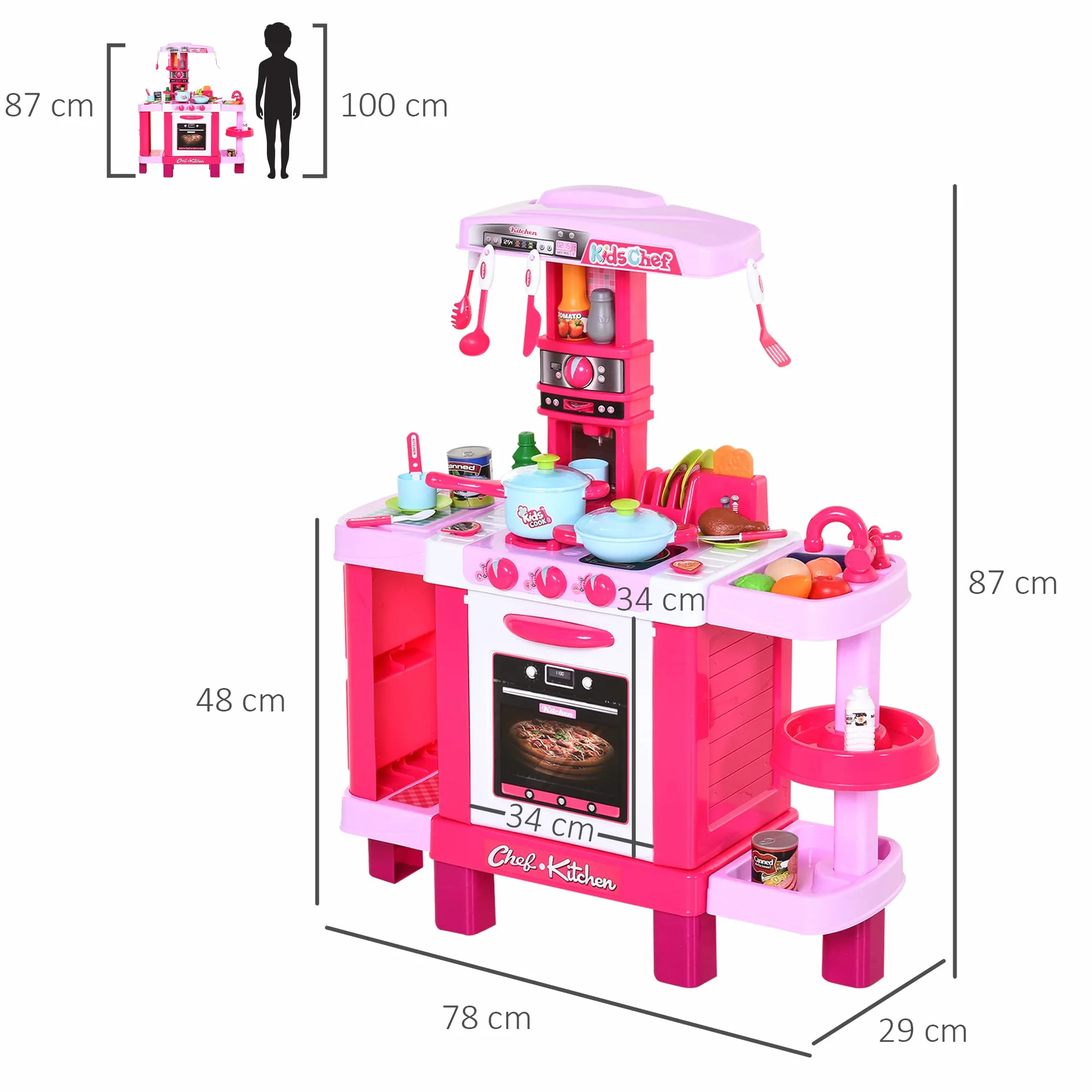 HOMCOM Cocina de Juguete para Niños 38 Accesorios Luz Sonido 78x29x87 cm Rosa