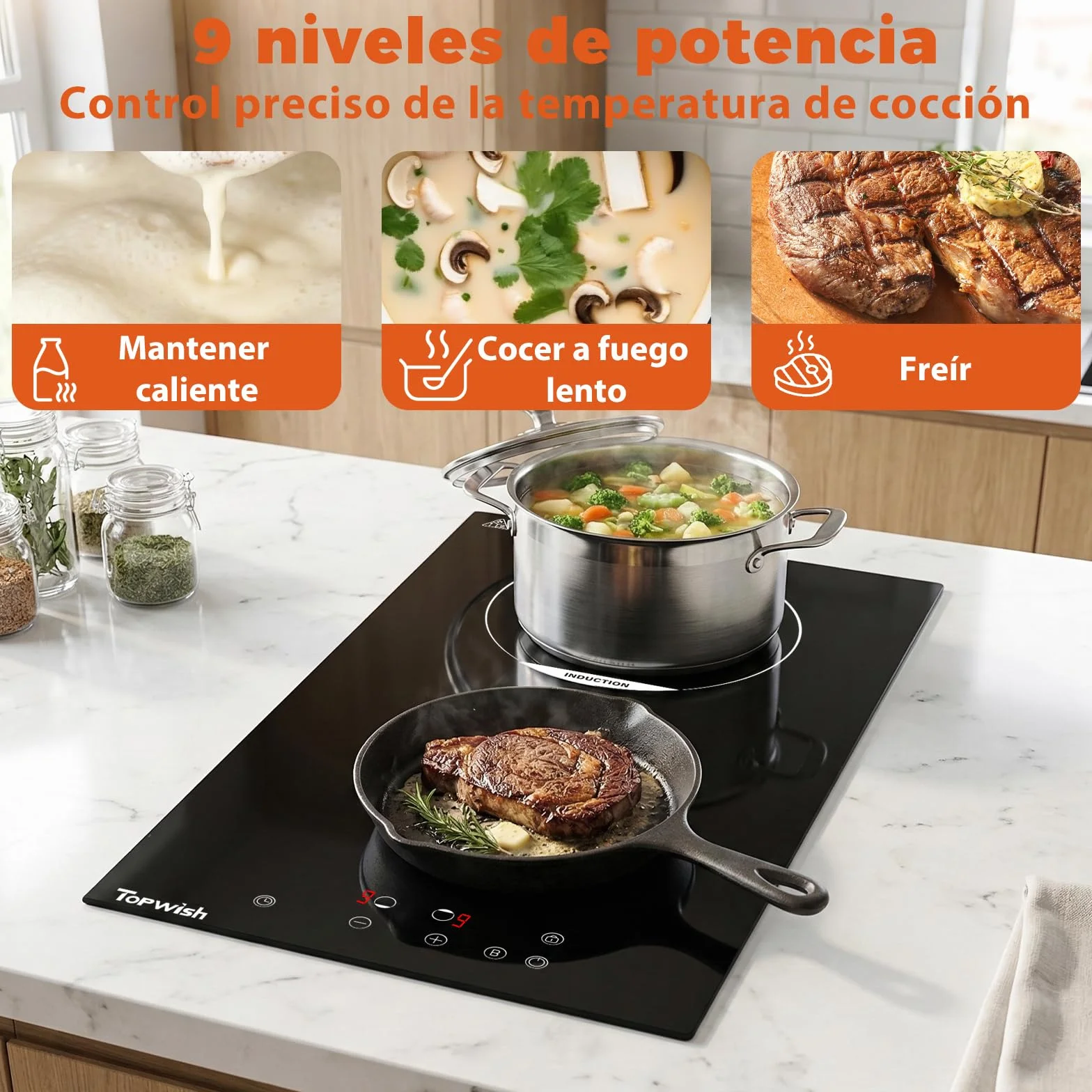 Placa inducción 2 fuegos 30cm 3500W Booster cierre seguridad