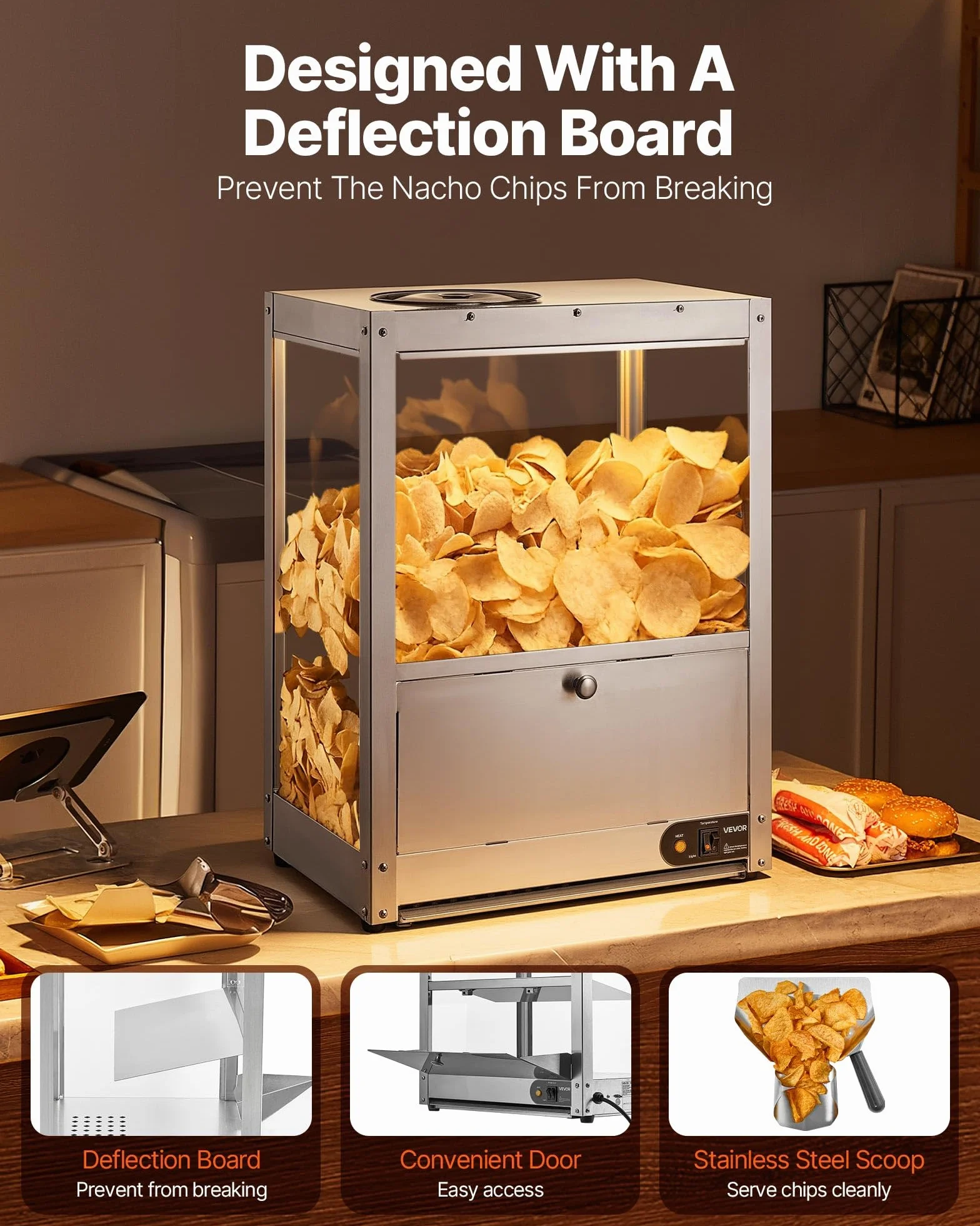 VEVOR Vitrina de Calor para Nachos 80 L 300 W Acero Inoxidable Expositor Térmico