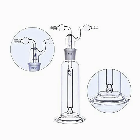 Botella de lavado de gas de vidrio de laboratorio de 250 ml, trampa de vacío con dos tubos curvados, junta 29/32, botella de vidrio de borosilicato para kit de cristalería de laboratorio de química