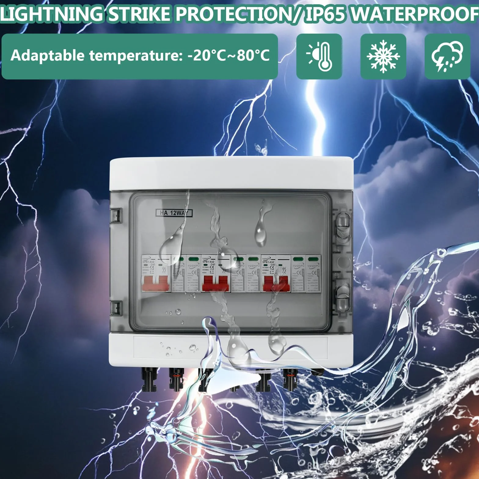 Protección Contra Sobretensiones Fotovoltaica, Disyuntor CC 40 A/1000V, Disyuntor de Protección contra Rayos(2 In 2 Out), Caja de Conexión Solar Fotovoltaica IP65 a Prueba de Agua