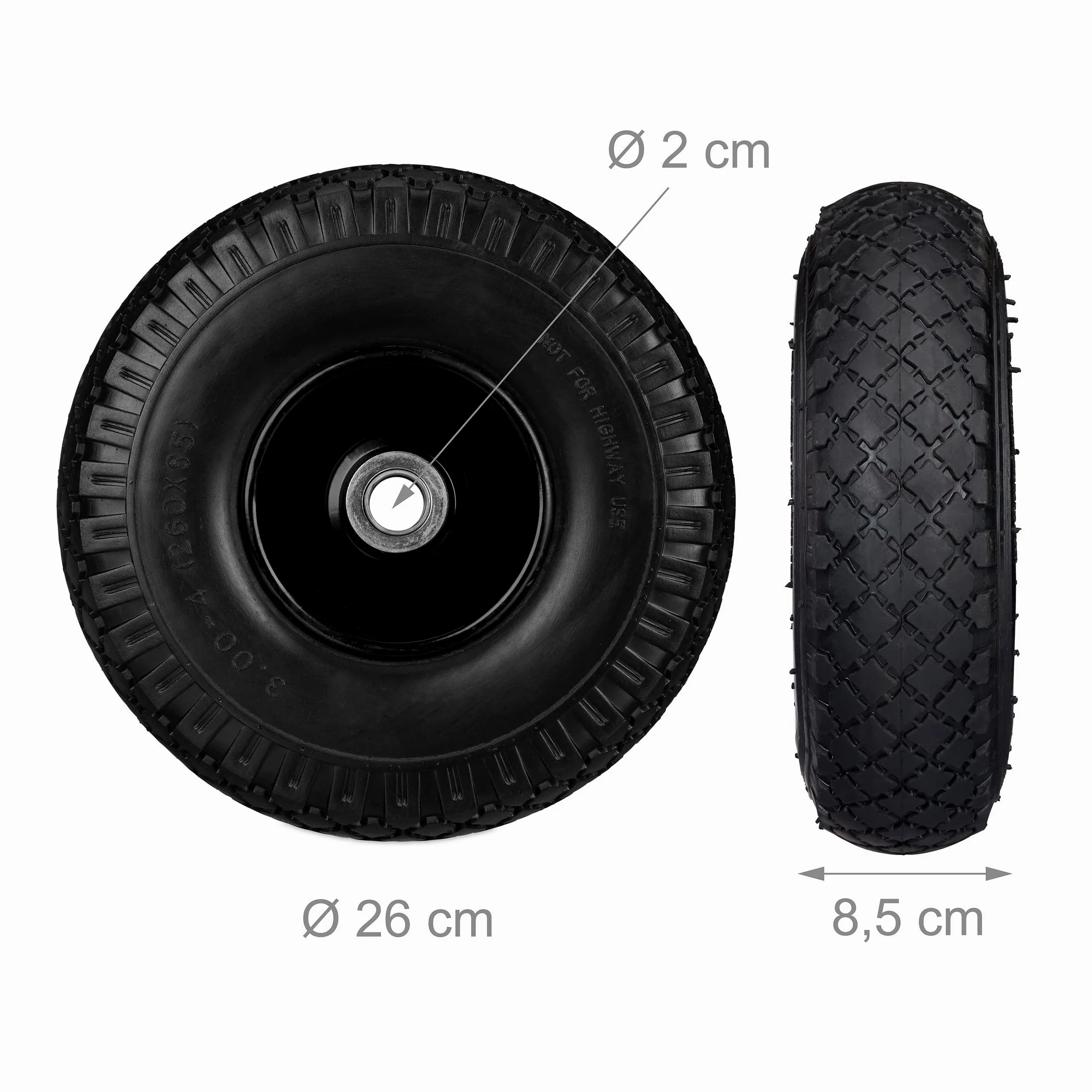 8 Ruedas de carretilla, Neumáticos de goma, 3.00-4, Eje de 20mm, Hasta 100 kg, 260x85 mm, Negro