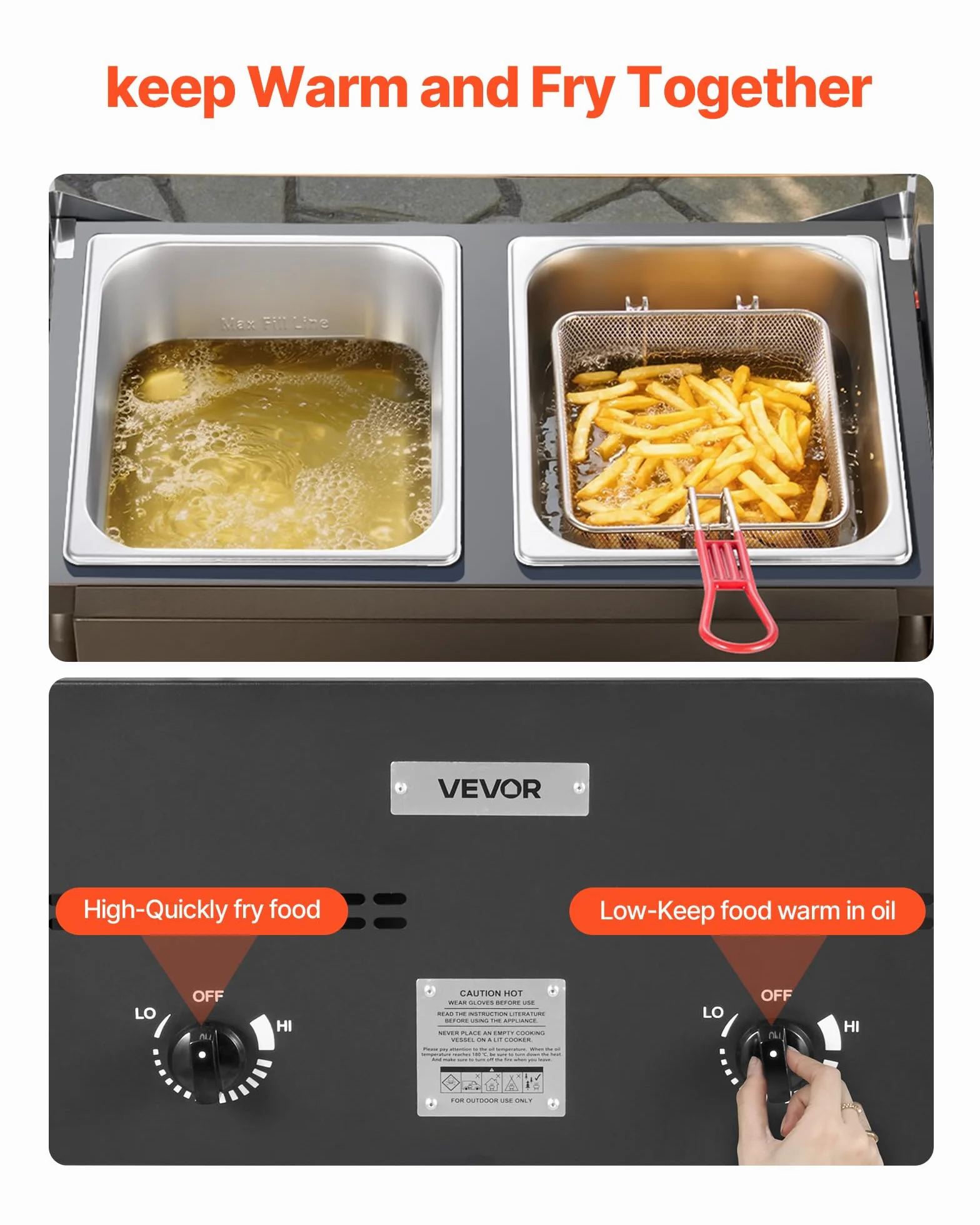 VEVOR Freidora de gas propano de doble depósito 9Lx2, aparato de cocción de propano de acero inoxidable, independiente con plataforma plegable y ajuste del calor, para exterior y restaurante Snack-bar