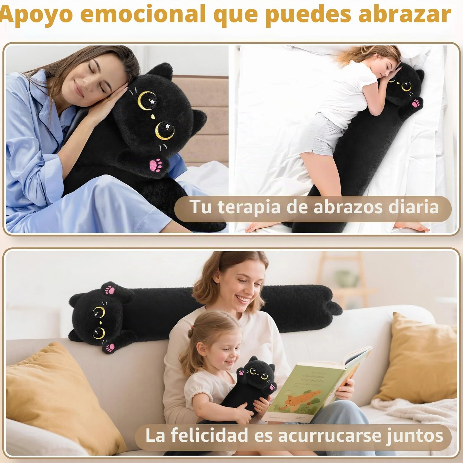 Mewaii Almohada Corporal de Peluche Gato Negro Largo 50 CM