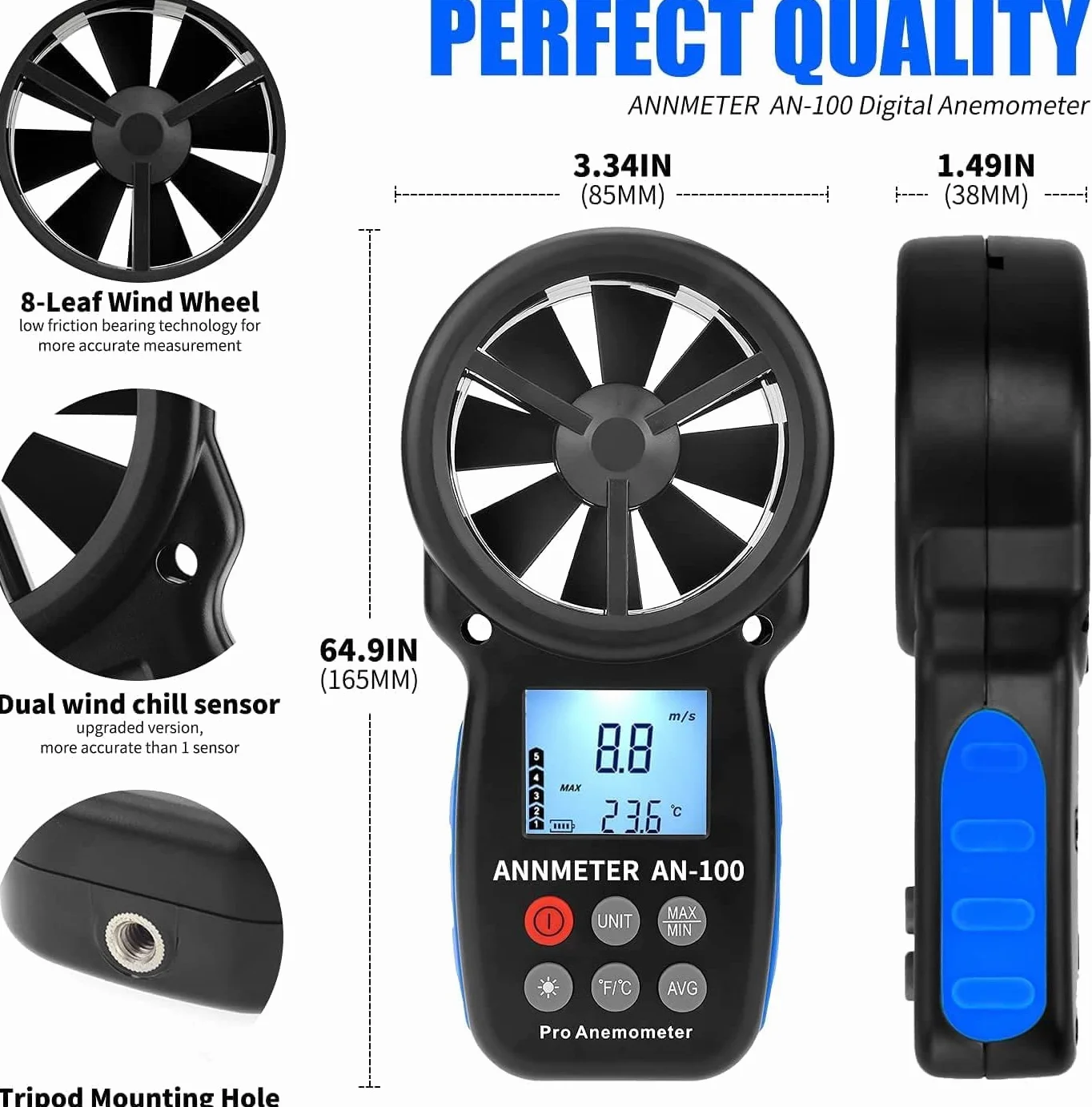 Anemómetro Digital AIOMEST AI-100 Medidor Velocidad Viento Portátil con Temperatura
