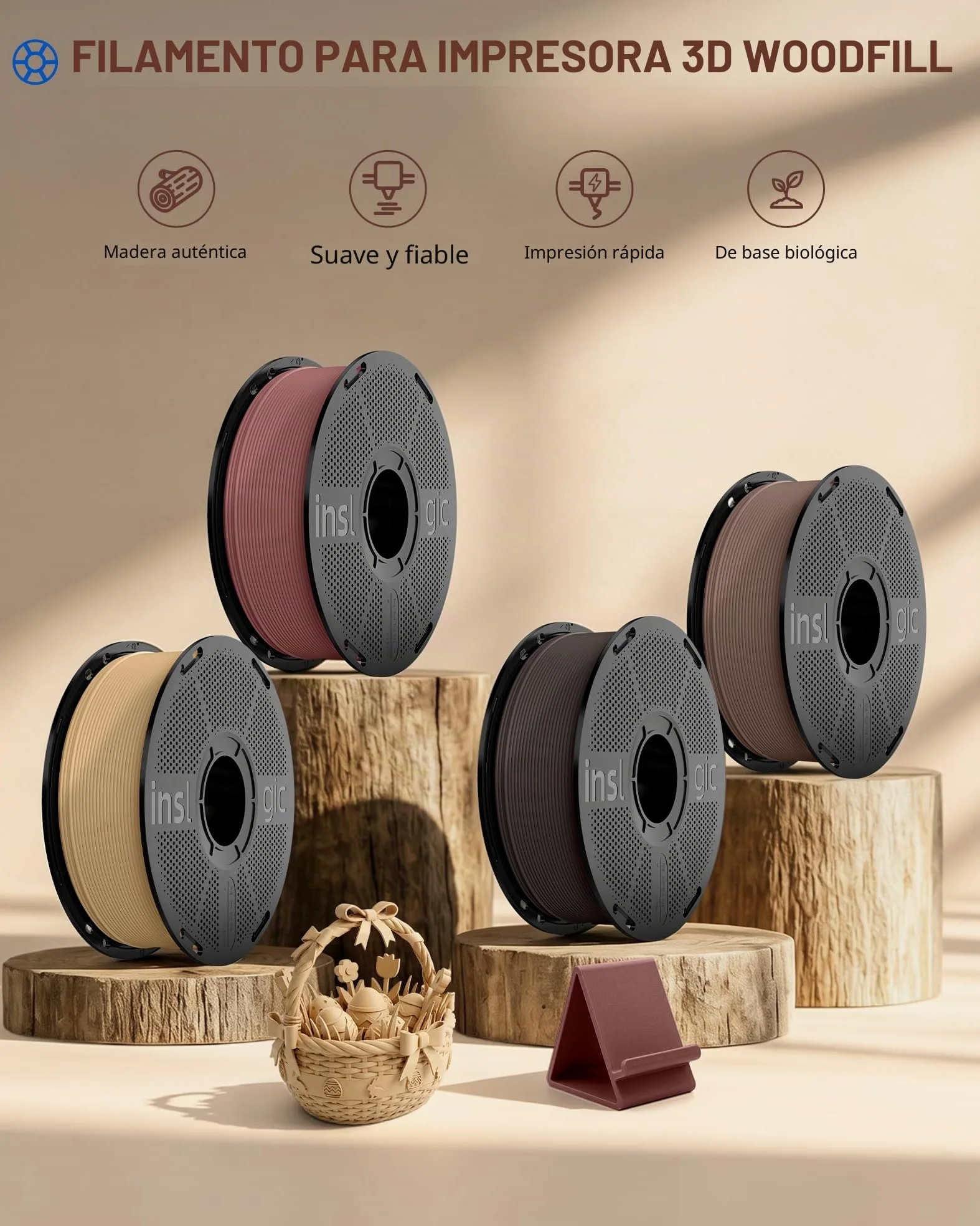 Inslogic Filamento WoodFill PLA 1,75 mm para Impresora 3D, Paquete Multicolor de 4 kg, Textura Real de Madera, compatible con la mayoría de las impresoras FDM 3D (Arce+Madera Natural+Nogal+Cerezo)