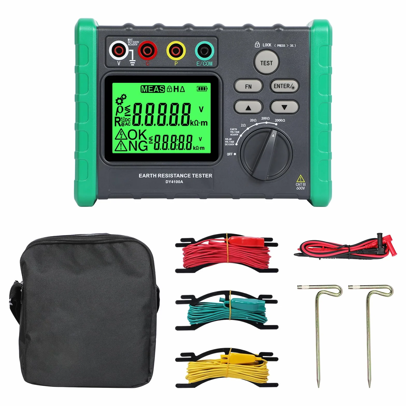 DY4100A Probador de Resistencia de Tierra, 0~2000 Ω Ajustable Medidor de Resistencia a la Tierra 0~600 V Megóhmetro Instrumento de tierra con LCD Pantalla, Probador de Tensión Solar