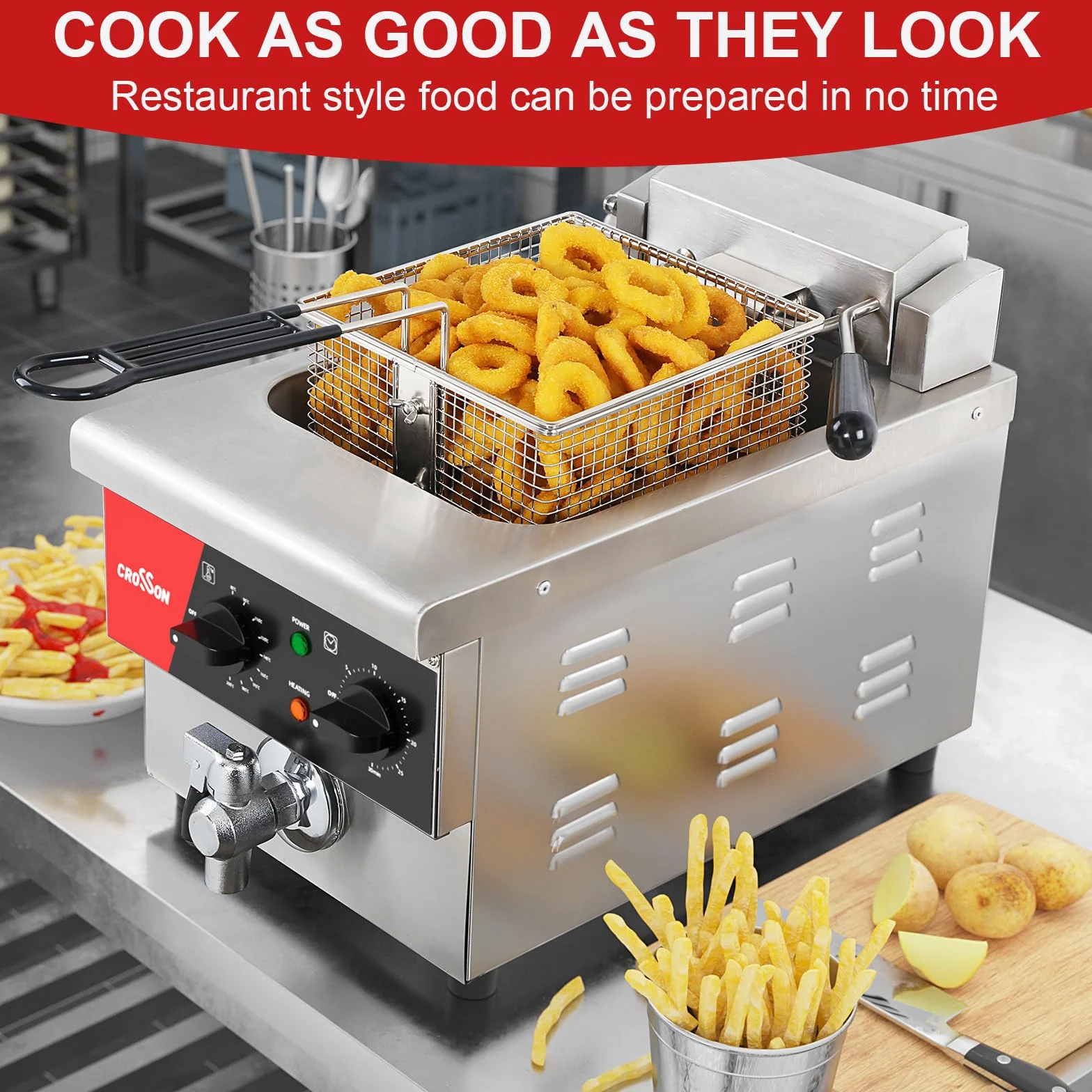 Freidora de mostrador eléctrica CROSSON 6L extra grande con drenaje, temporizador, cesta y tapa para uso en restaurantes Freidoras comerciales de 230 V, 3000 W (6 V EU)