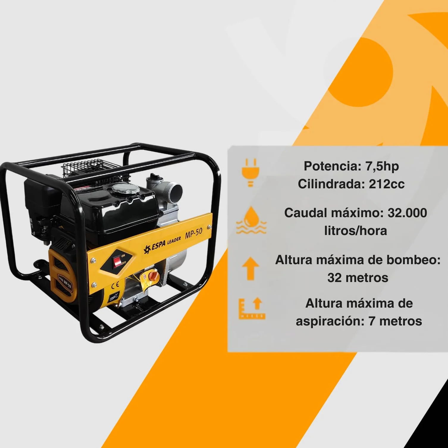 ESPA LEADER Motobomba MP-50, Motor Gasolina 4 Tiempos, Caudal Máx 32.000 l/h, Autonomía 2,2 h, Bomba de Agua para Achique, Vaciados de Emergencia, Inundaciones y Riego Agrícola