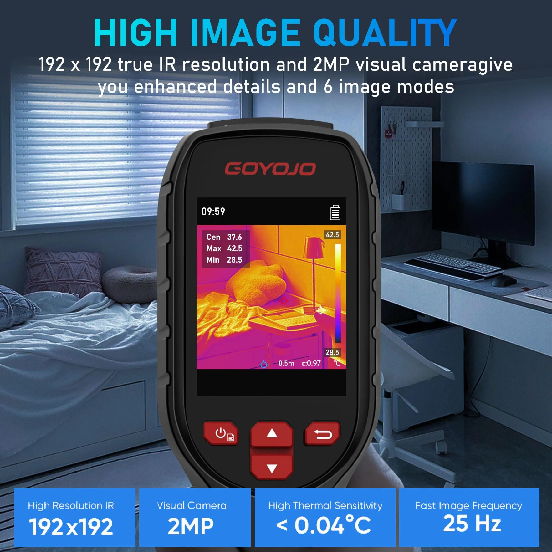 GOYOJO Cámara Térmica de 192 x 192 con Resolución IR, Cámara Infrarroja de Mano, Imagen Térmica de 25 Hz, Velocidad de Actualización de 25 Hz, Cámara Térmica Compacta de Mano con Puntero Láser