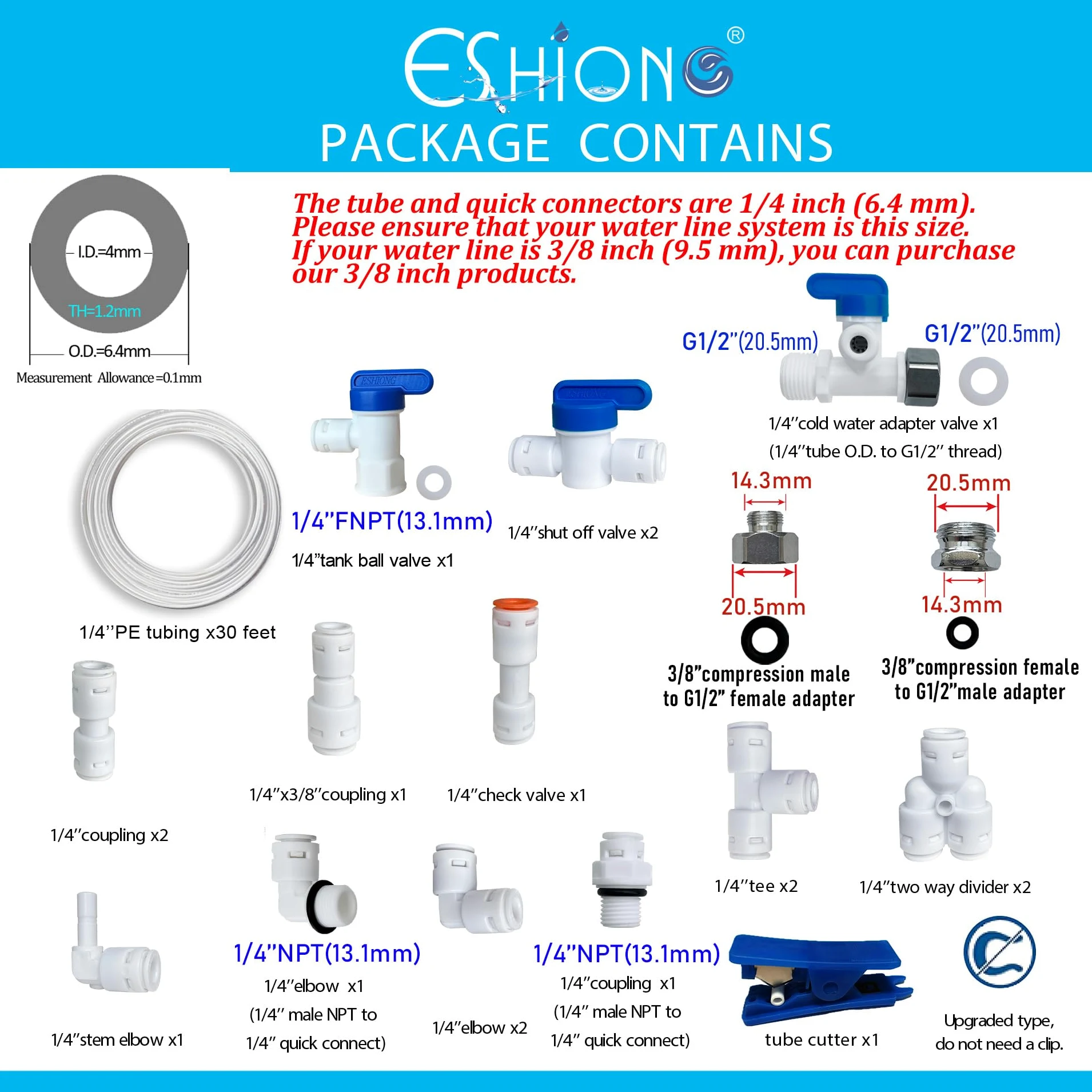 ESHIONG Certificado NSF de 1/4 pulgadas de diámetro exterior. Accesorios de empuje para conectar para filtro de agua RO (ósmosis inversa) (con válvula T de apagado) 18 piezas + tubo de agua de 30 pies