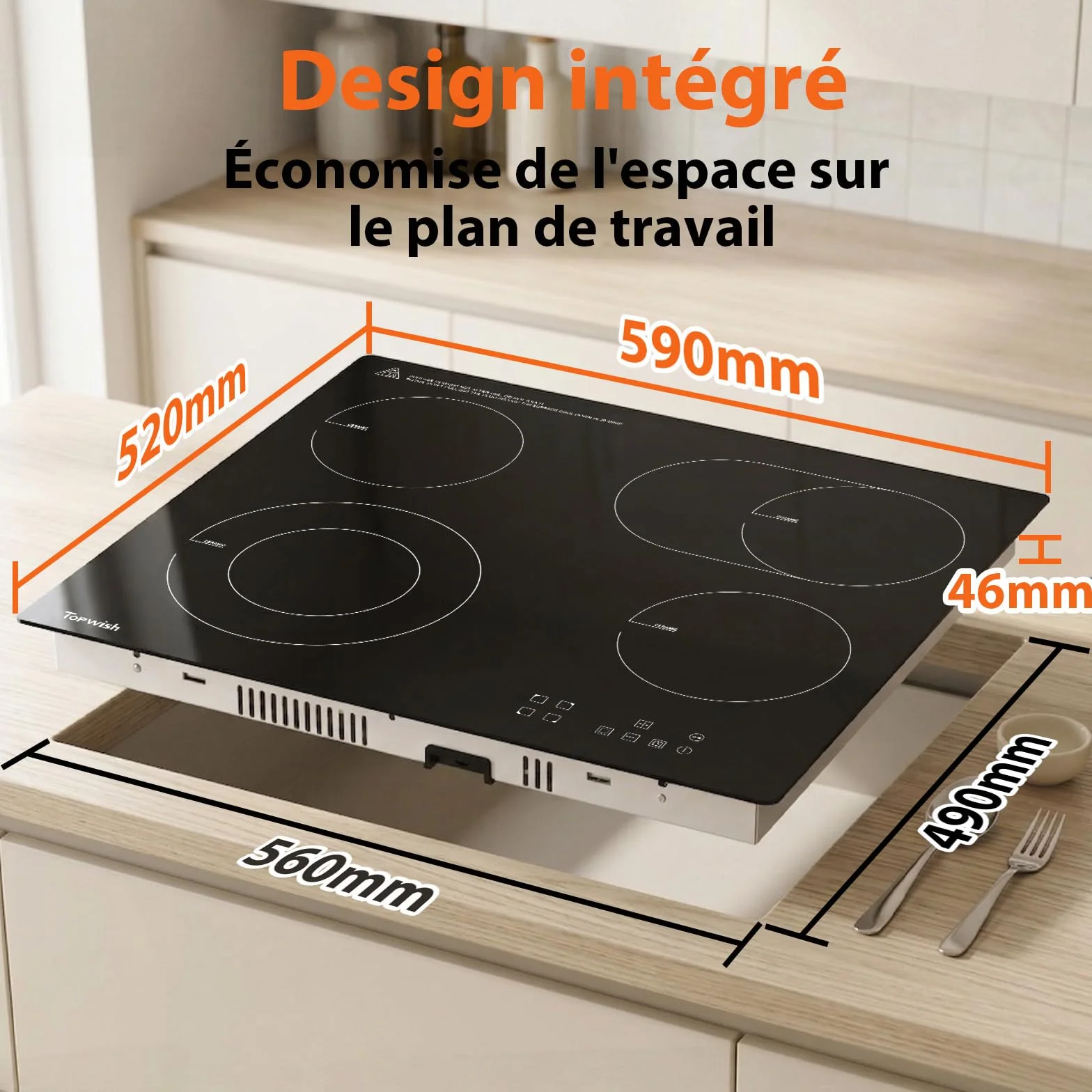 Topwish placa vitrocerámica 4 fuegos 60cm 6600W encastrable con zonas dobles y ovaladas