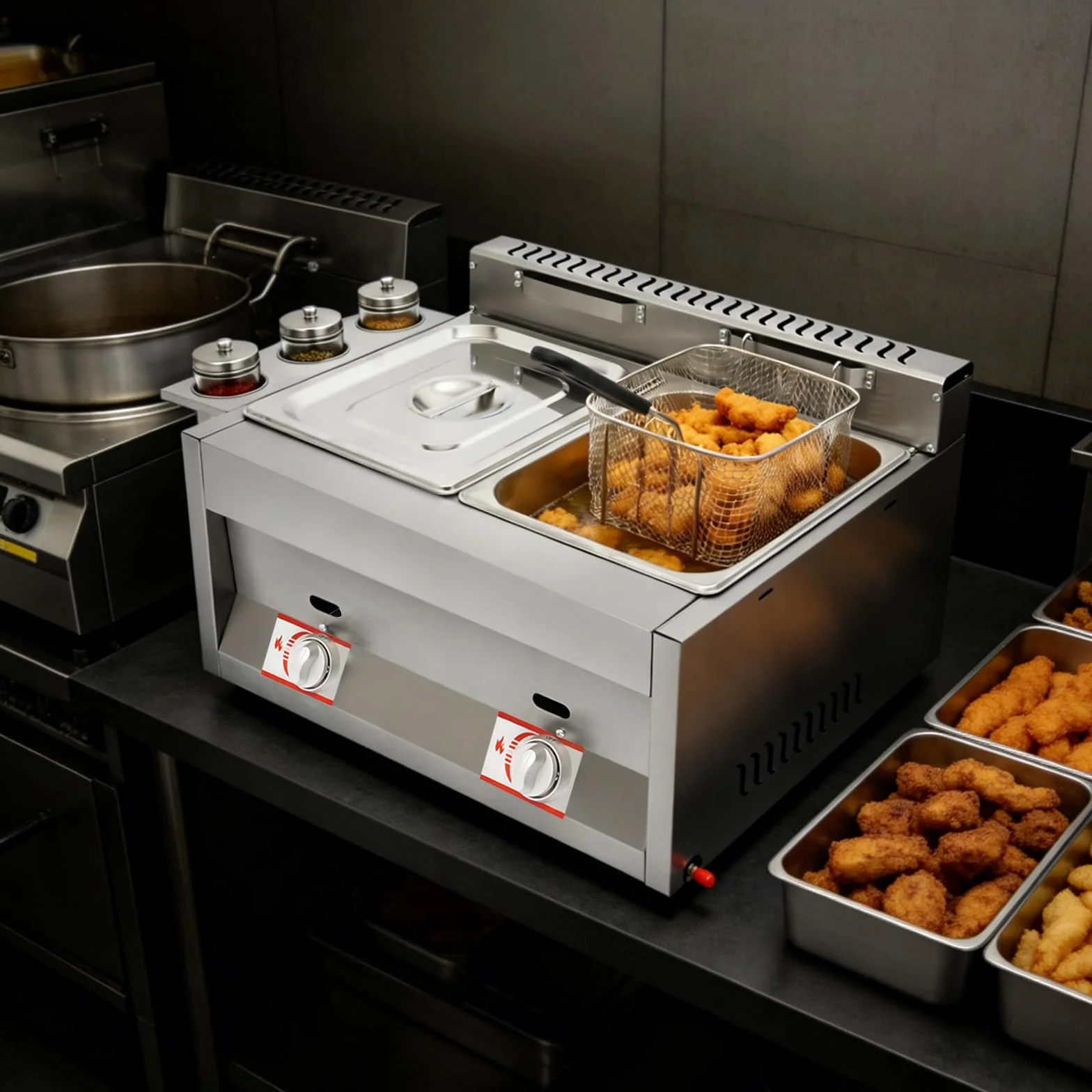 Freidora gastronómica doble de gas de acero inoxidable 430, 2 x 6,34 l, 50 – 380 °C, con tapa para patatas fritas, pollo, comercial, para restaurante, aperitivo, cocina comercial, fiesta