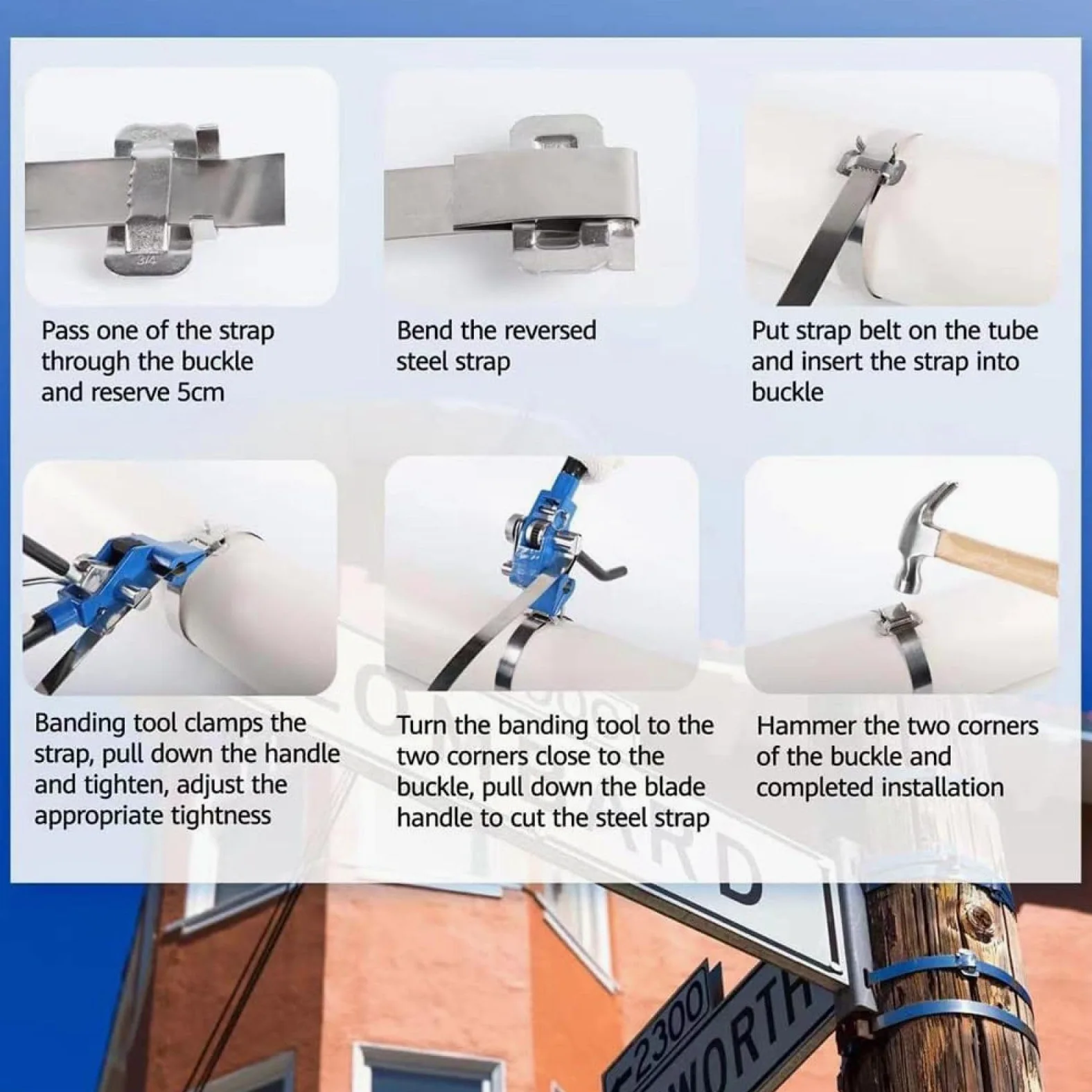 Herramienta de bandas de acero inoxidable con tensor de trinquete y cortador para correas de metal resistentes, ideal para asegurar cables, tuberías y carteles