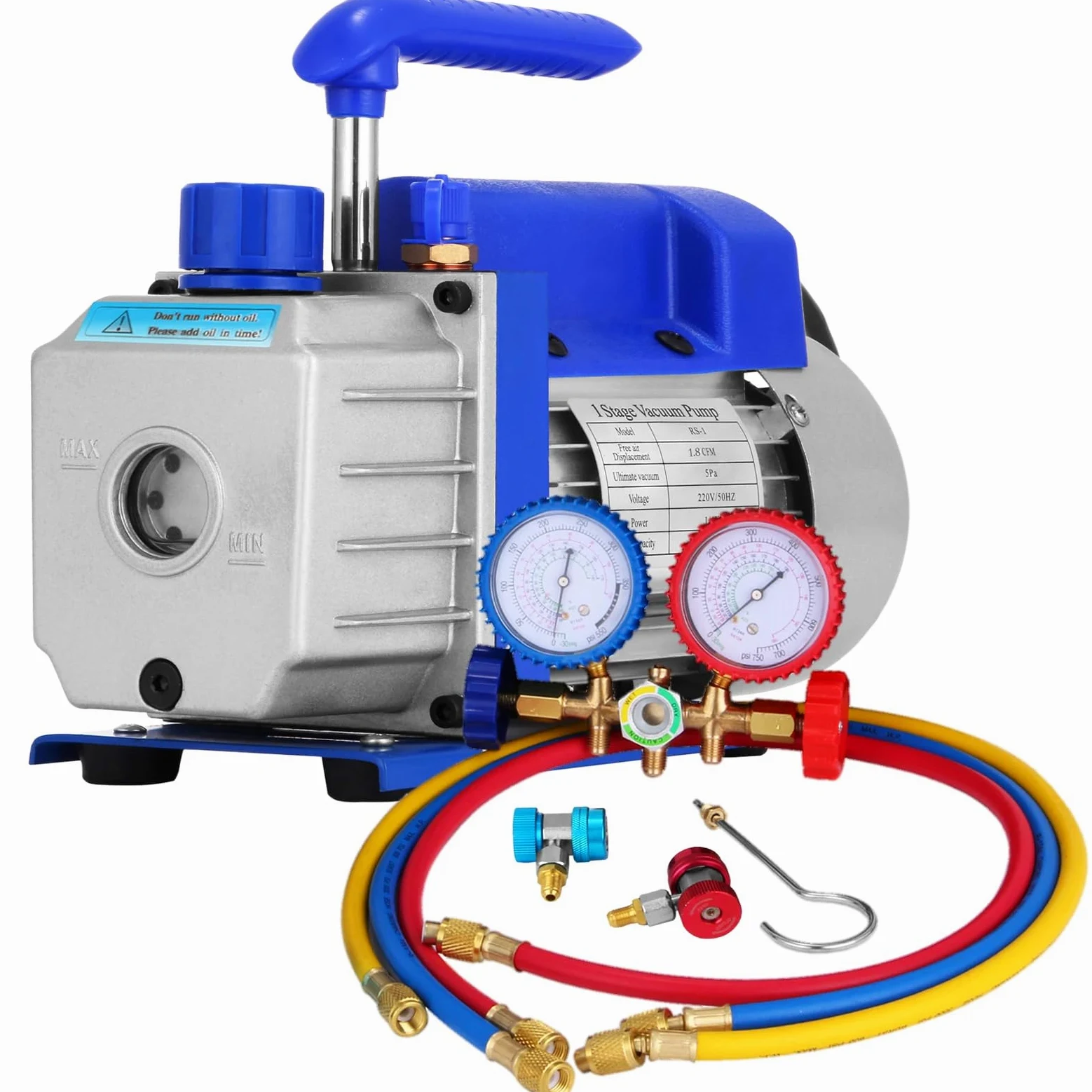 Bomba de Vacío 1,8CFM 1/4HP 220V / 50-60Hz para Aire Acondicionado Bomba de Vacío Coche con Medidor De Colector 1440 TR/Min Anti-Reflujo Aceite para Aire Acondicionado Coche Automotriz Refrigerador