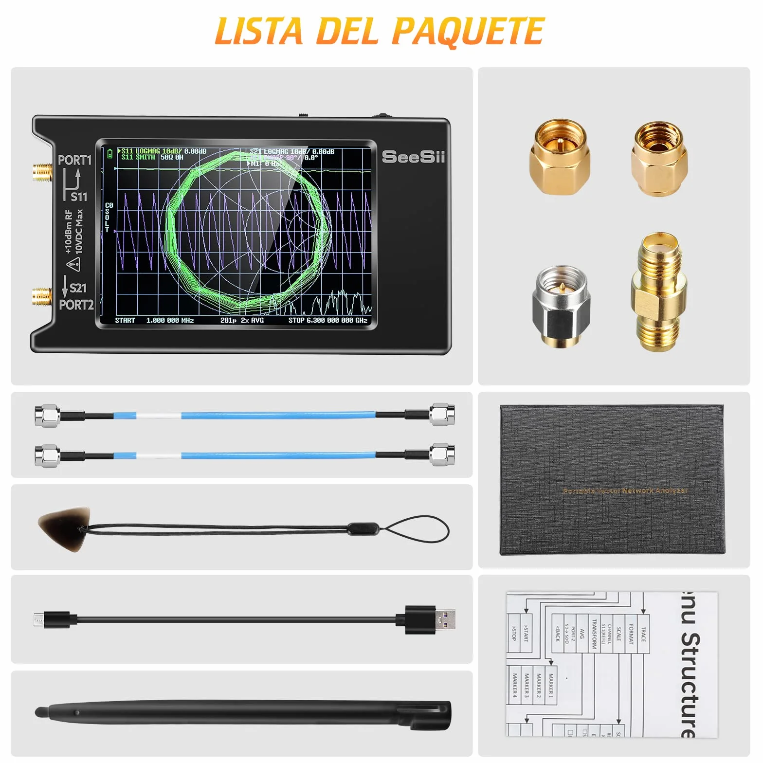 Seesii LiteVNA Analizador de Redes Vectoriales, 4'' Analizador de Antenas 50kHz-6,3GHz Soporta Almacenamiento de Datos para S Parámetros HF VHF UHF SWR Retraso de Fase Smith Chart