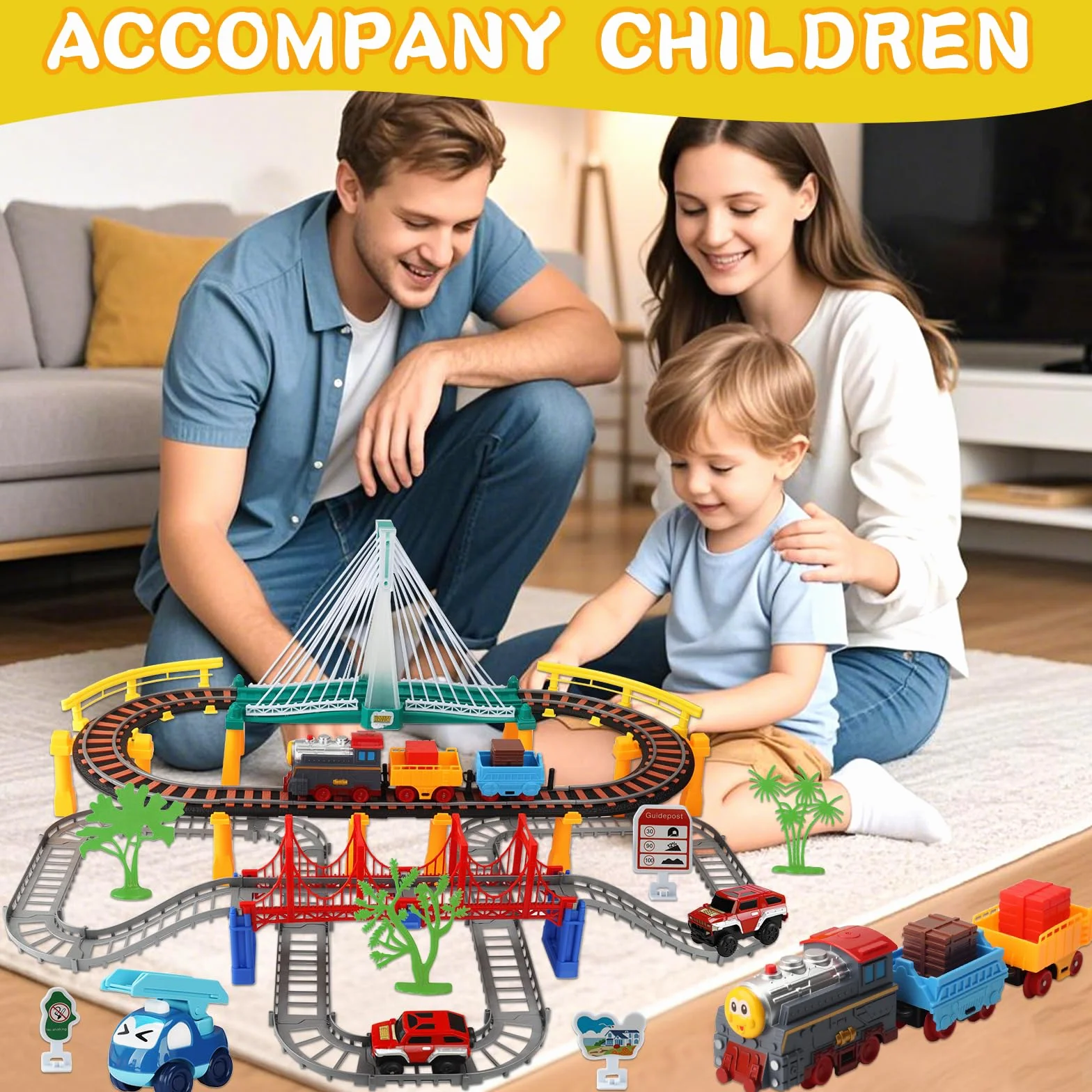 Juego de Tren para Niños 141 Piezas Tren Eléctrico con Rieles, Luces y Sonidos, Juguete de Pista para Coches, Regalo 3-8 Años
