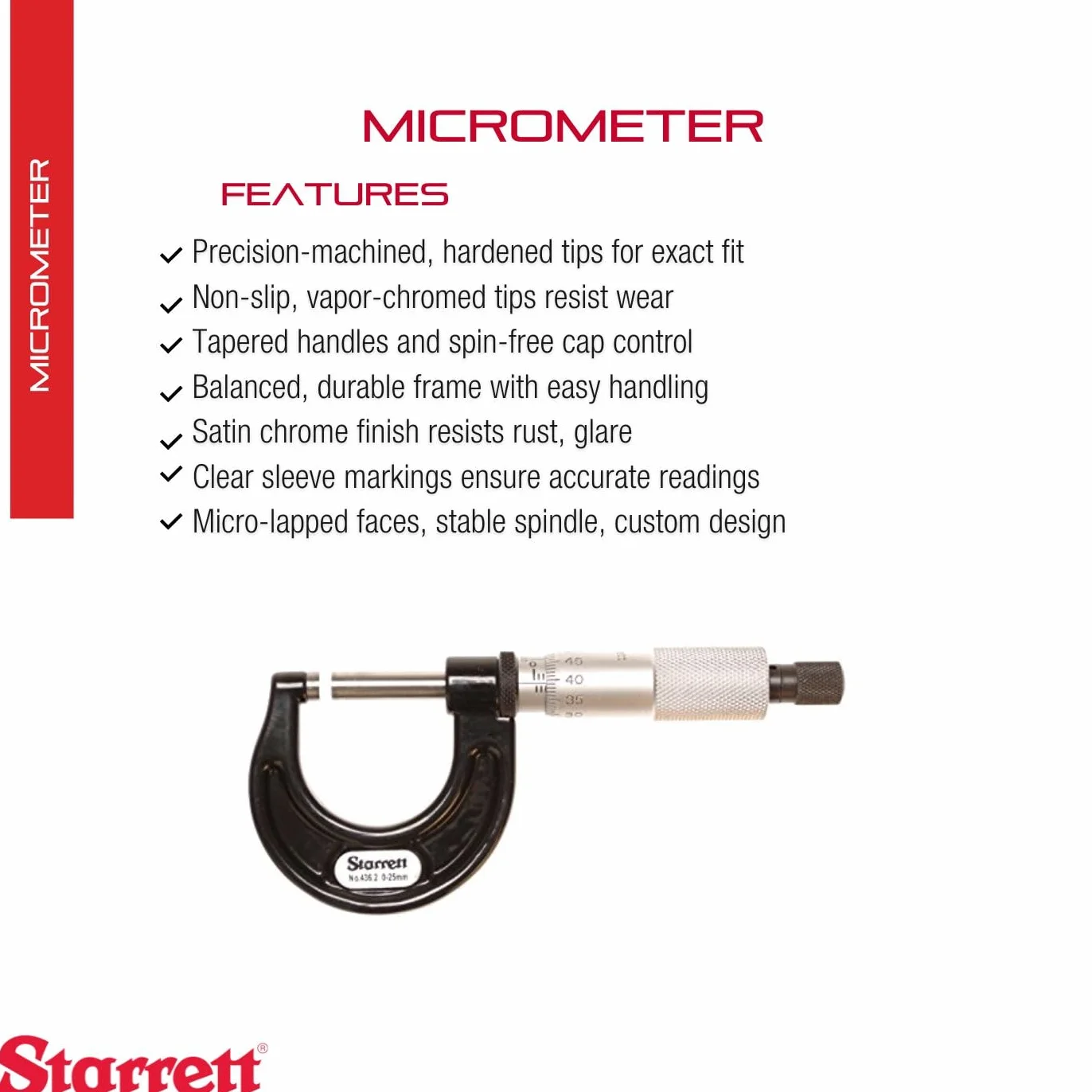 Starrett V436.2MXRL-25 - micrómetro exterior, 0 - 25 mm Graduación 0,001 mm