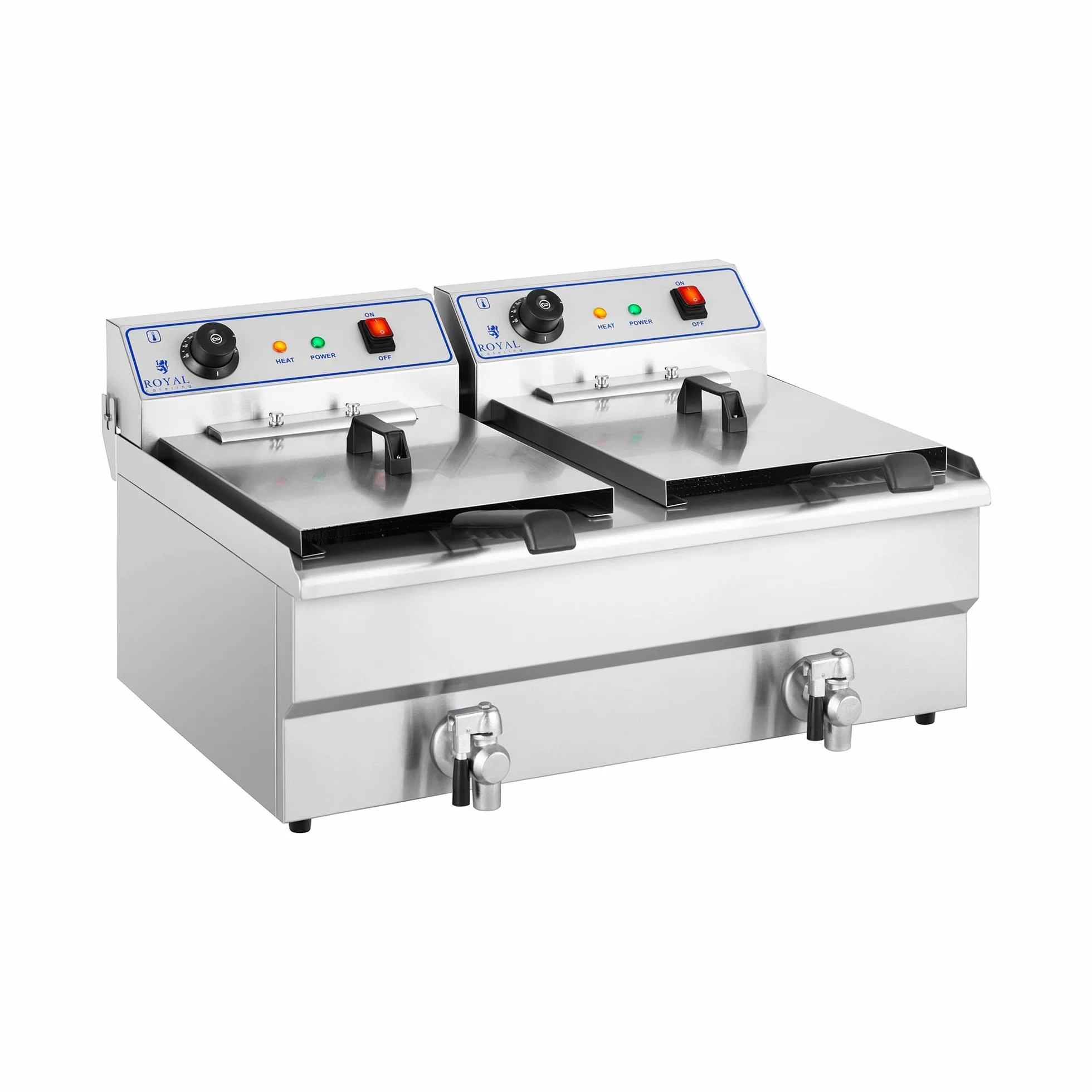 Royal Catering Freidora Eléctrica Doble Para Hostelería 400 V (Potencia: 2 x 6.000 Watt, Capacidad: 2 x 16 Litros, Con Grifo De Vaciado)
