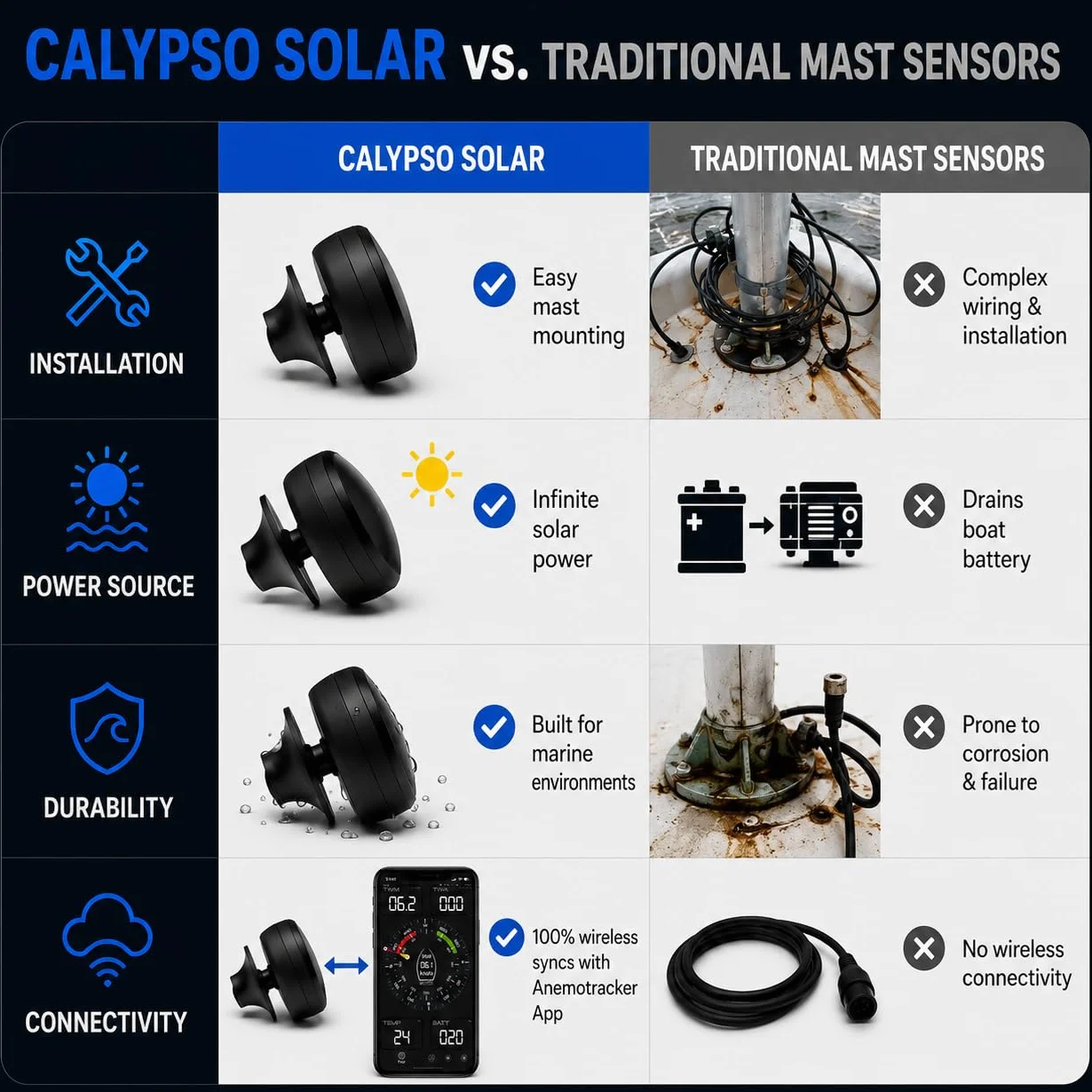 Calypso Instruments Ultrasonic Wind Sensor Portable 70mm 135g Solar Rechargeable Bluetooth Wind Speed Direction