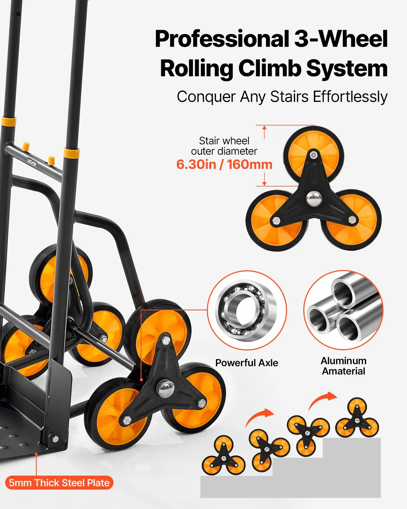 VEVOR Carretilla para Subir Escaleras Carga de 200 kg, Carro de Escalera Plegable con Asa Telescópica, 6 Ruedas y 2 Cuerdas Elásticas, para Transporte, Almacén, Centro Comercial, Mudanzas, Oficina