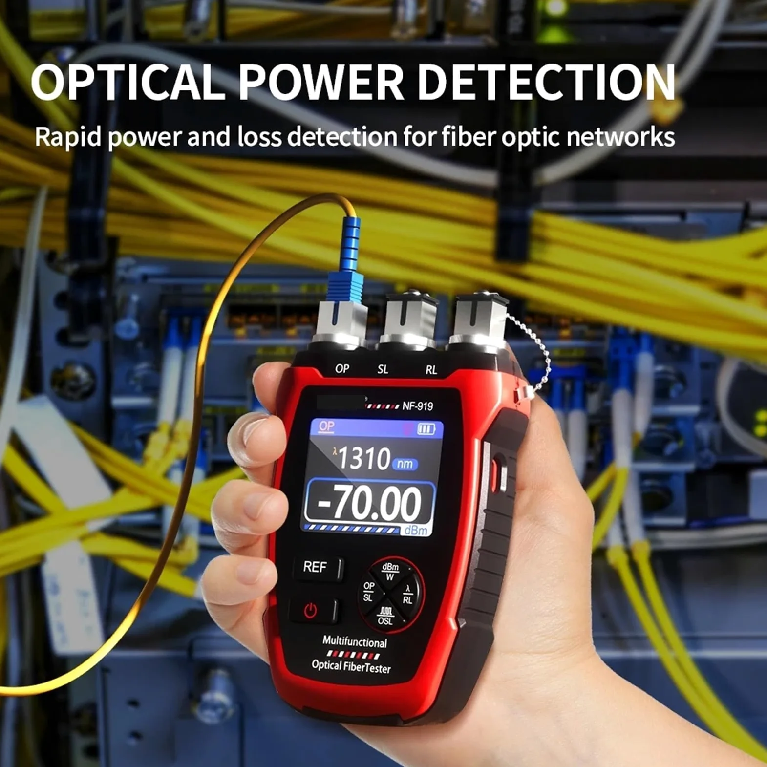Probador de fibra óptica, NF-919 Medidor de potencia 3 en 1 Fuente luz estable VFL REF Localizador visual fallas Luz roja Herramienta prueba fibra óptica