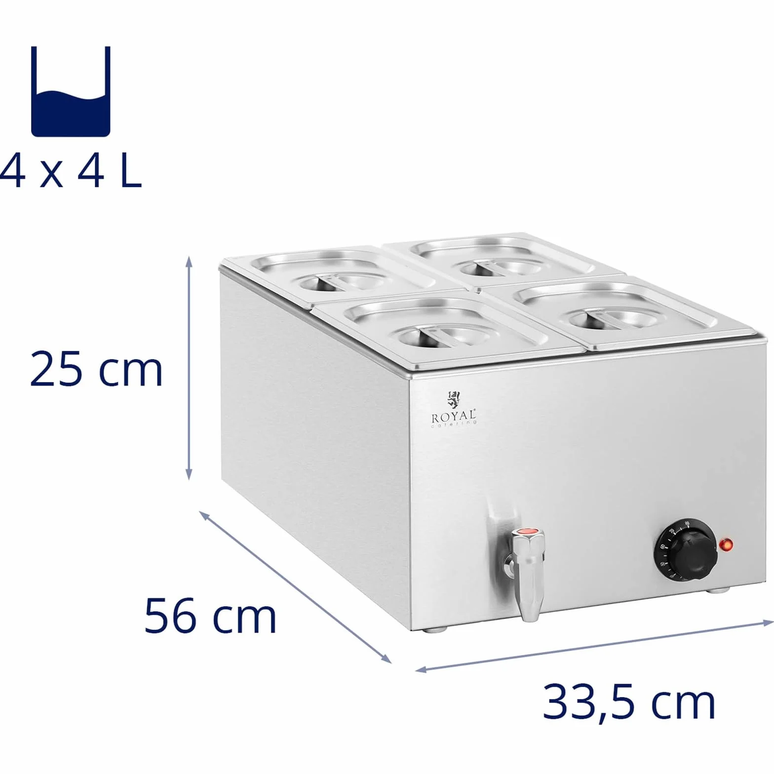 Royal Catering Baño María Profesional para Hostelería RCBM_GN1/4 (Potencia: 600 W, Cantidad de contenedores GN: 4, Volumen total: 4 x 4 L)