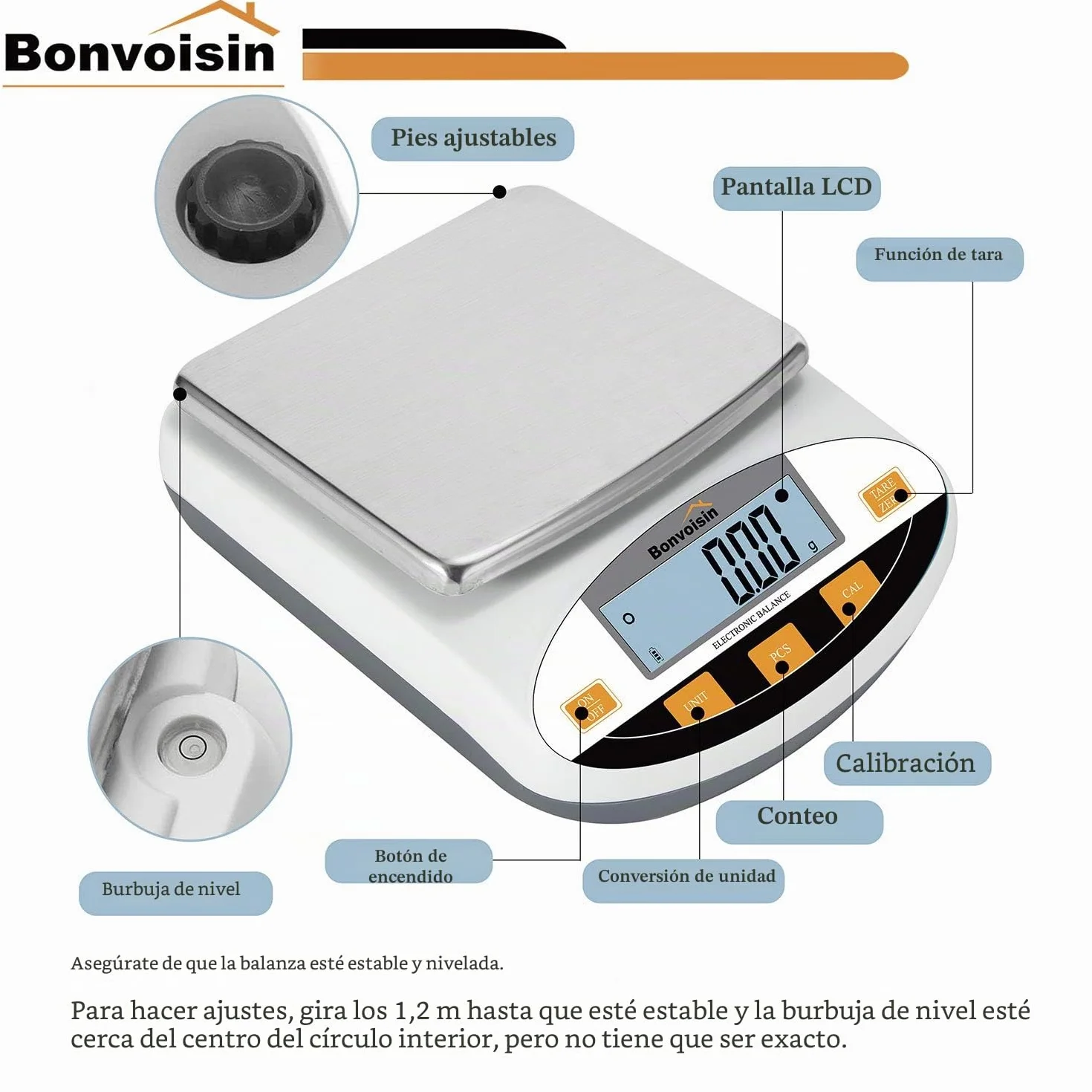 Bonvoisin Báscula de Laboratorio 1000g/0.01g Digital - Báscula Analítica de Alta Precisión para Joyería, Cocina, Laboratorio y Uso Científico, con Función Tara y Conteo
