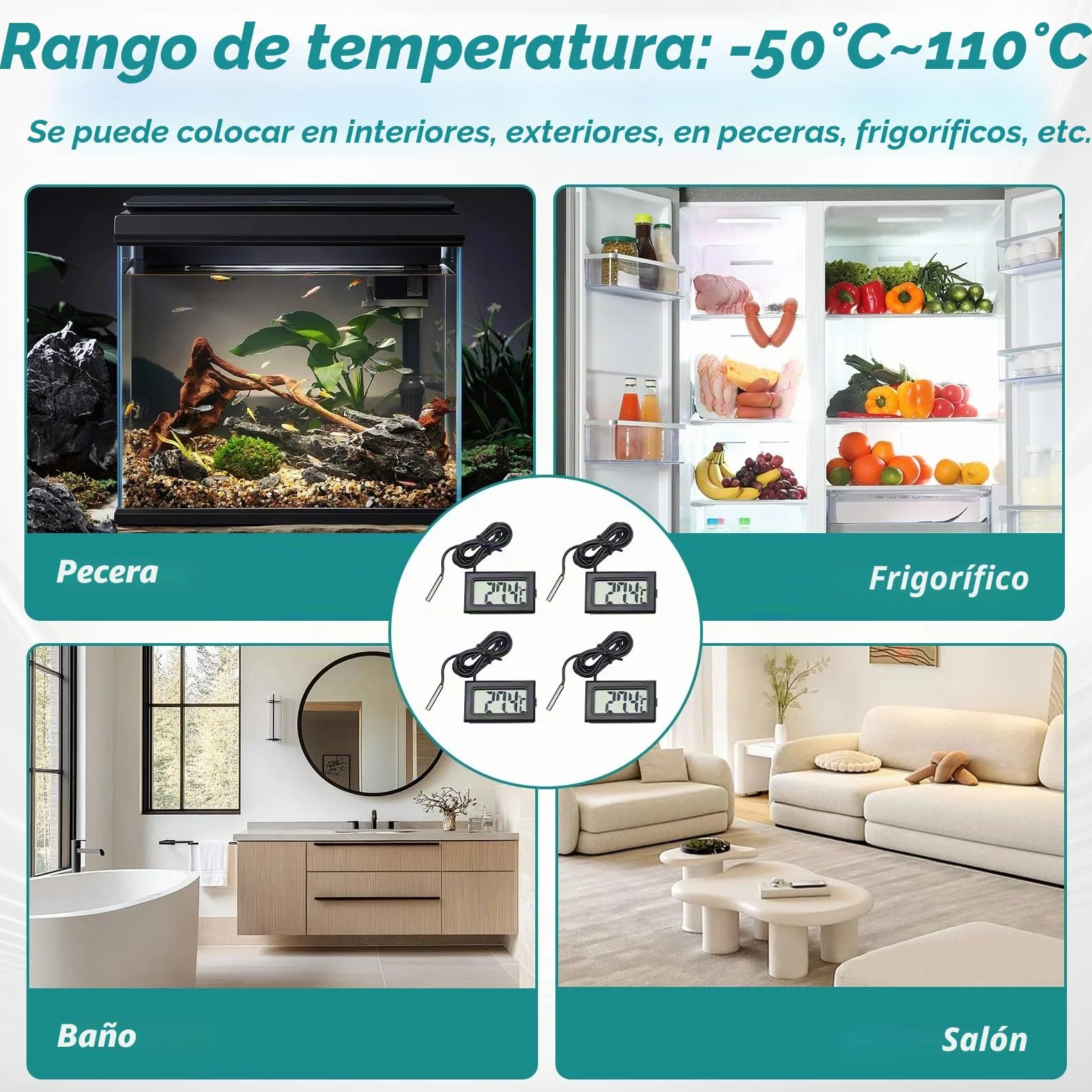 Termómetro Digital Mini con Sonda Externa Impermeable, 4 Piezas para Acuario, Refrigerador y Congelador