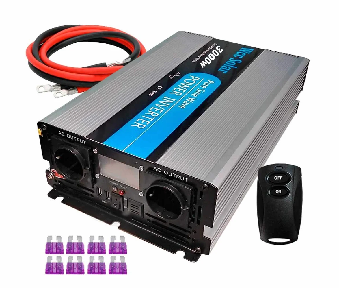 Inversor Solar Onda Pura 3000W 24V Pantalla LCD + Mando Distancia + Cables 16mm2 Convertidor DC 12V a AC 220V