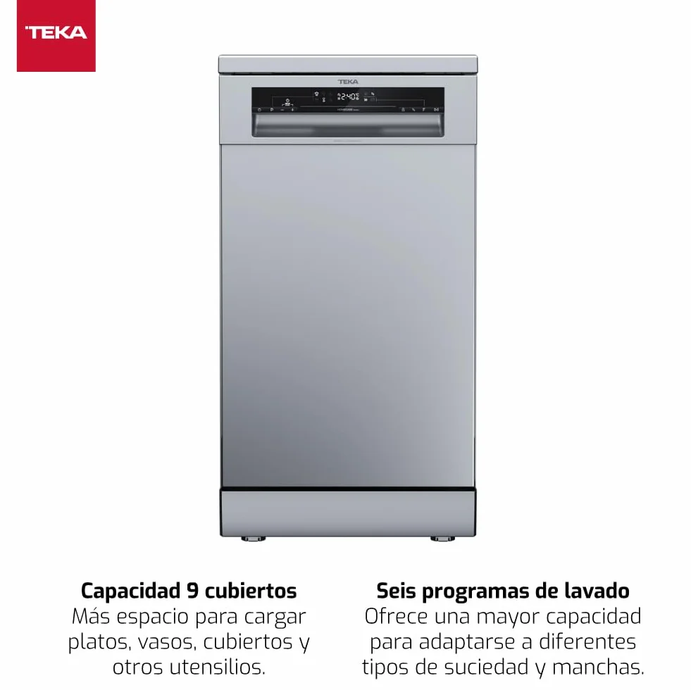 Teka Lavavajillas Libre Instalación 45 cm con Display LED, 9 Cubiertos, Acero Inoxidable DFS 24650 SS