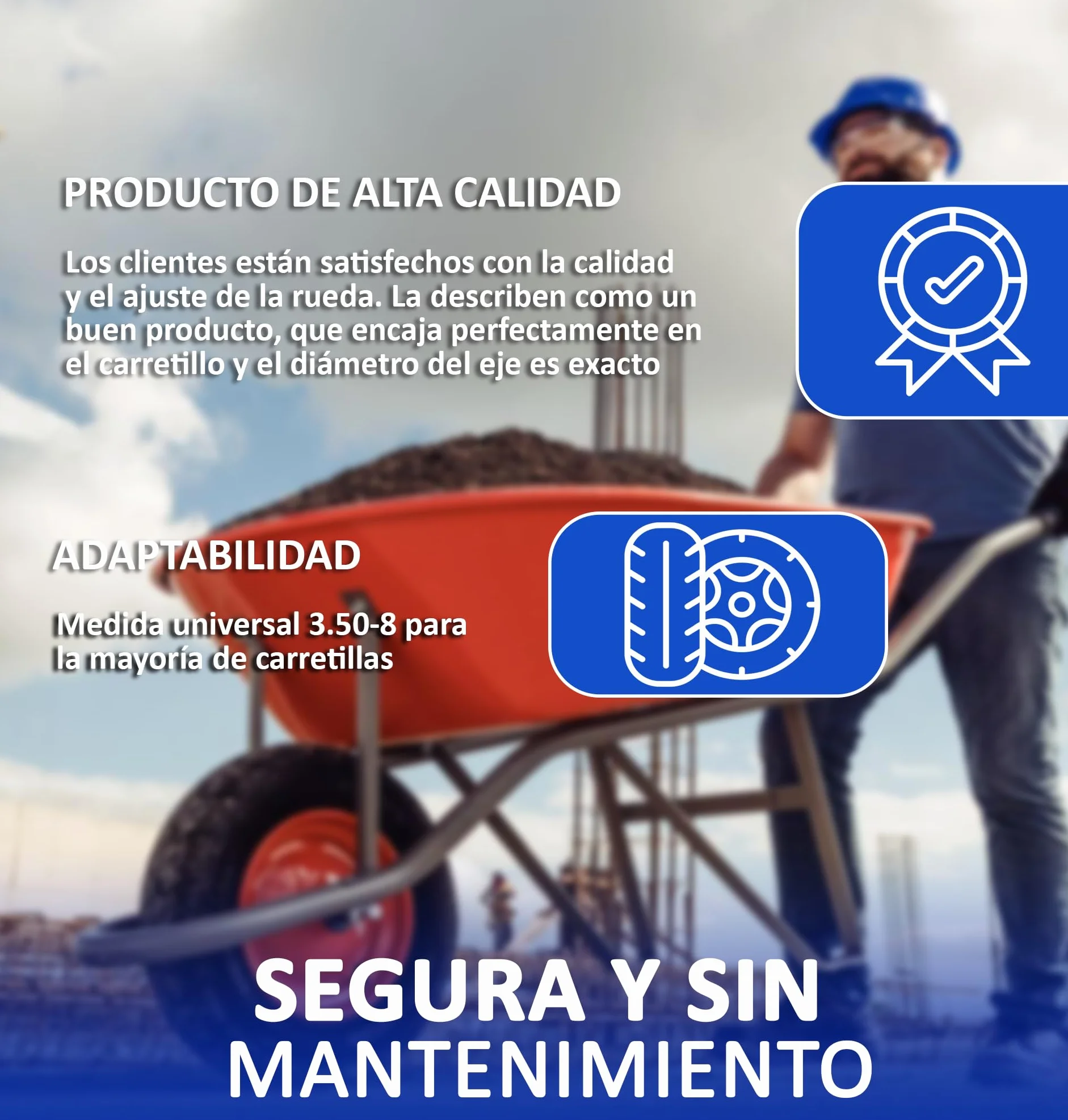 Rueda Para Carretilla Maciza 3.50-8 Con Eje Metálico Impinchable Núcleo De Acero 36 Cm Diámetro