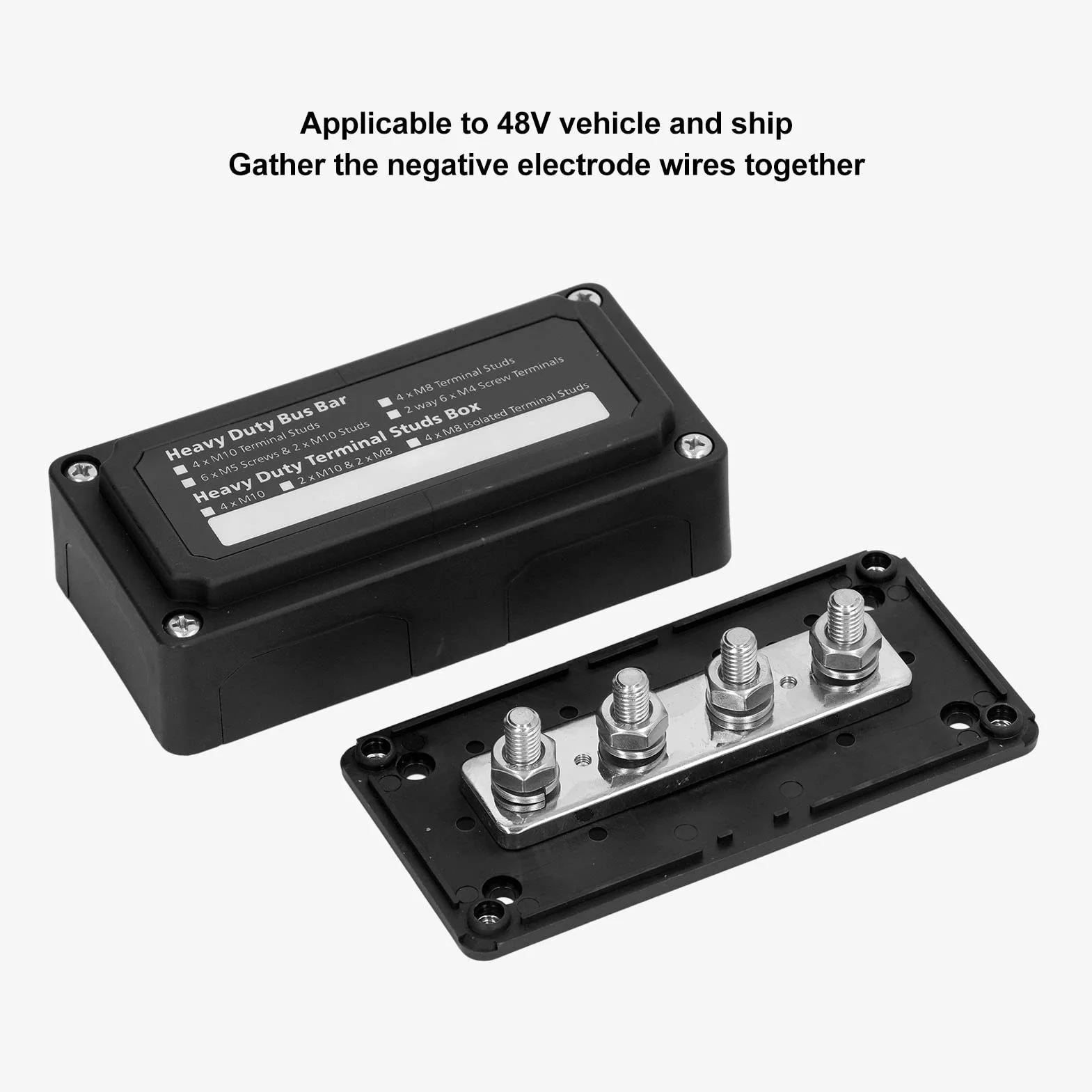Bloque de distribución de barras, bloque de distribución de alimentación M8 caja barras con cubierta para coche y barco, DC 48 V 300 A (BLACK)