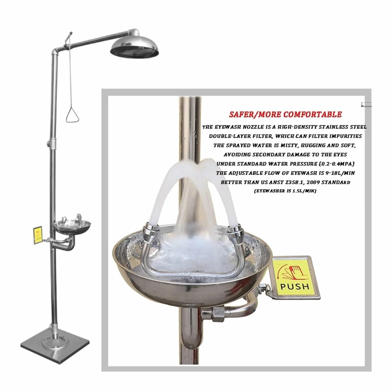 Ducha lavaojos de emergencia acero inoxidable 304, conjunto ducha doble ojo vertical Para uso de bricolaje(B)