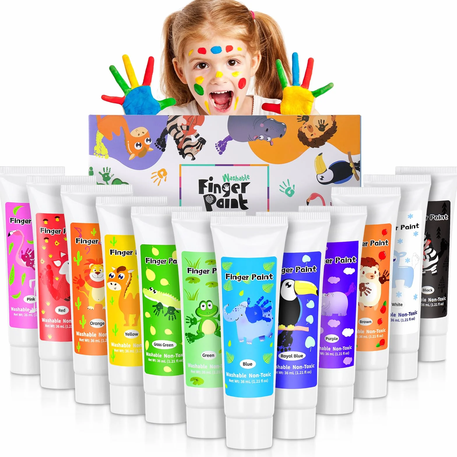 Pintura de Dedos No Tóxica para Niños, Kit de 12 Tubos (36ml c/u) - Lavable