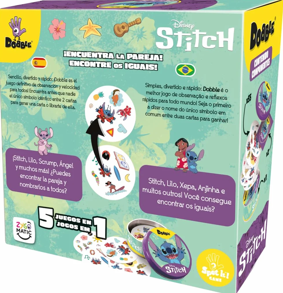 Asmodee Disney Dobble Stitch Juego de Cartas Observación Velocidad 6+ Años 2-8 Jugadores 15 Minutos Multilenguaje Español