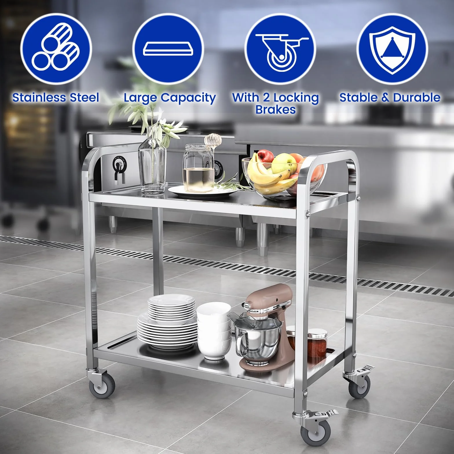 Carro de Servicio de Acero Inoxidable con 4 Ruedas, Carrito de Restaurante con 2 Estantes (75 * 40 * 83 cm)