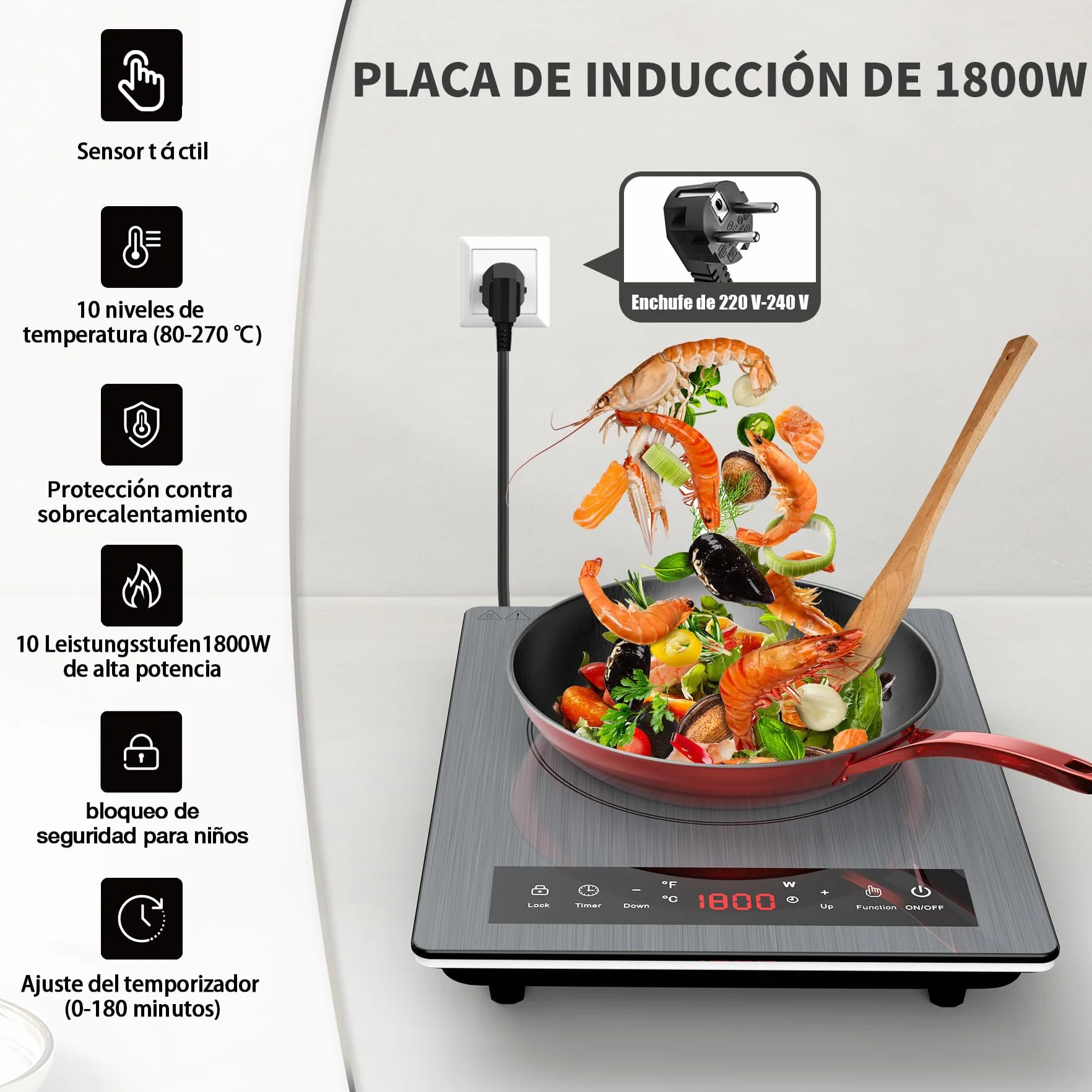 Placa de Inducción Portátil 1800W, 10 Niveles de Calentamiento, Temporizador, Bloqueo para Niños