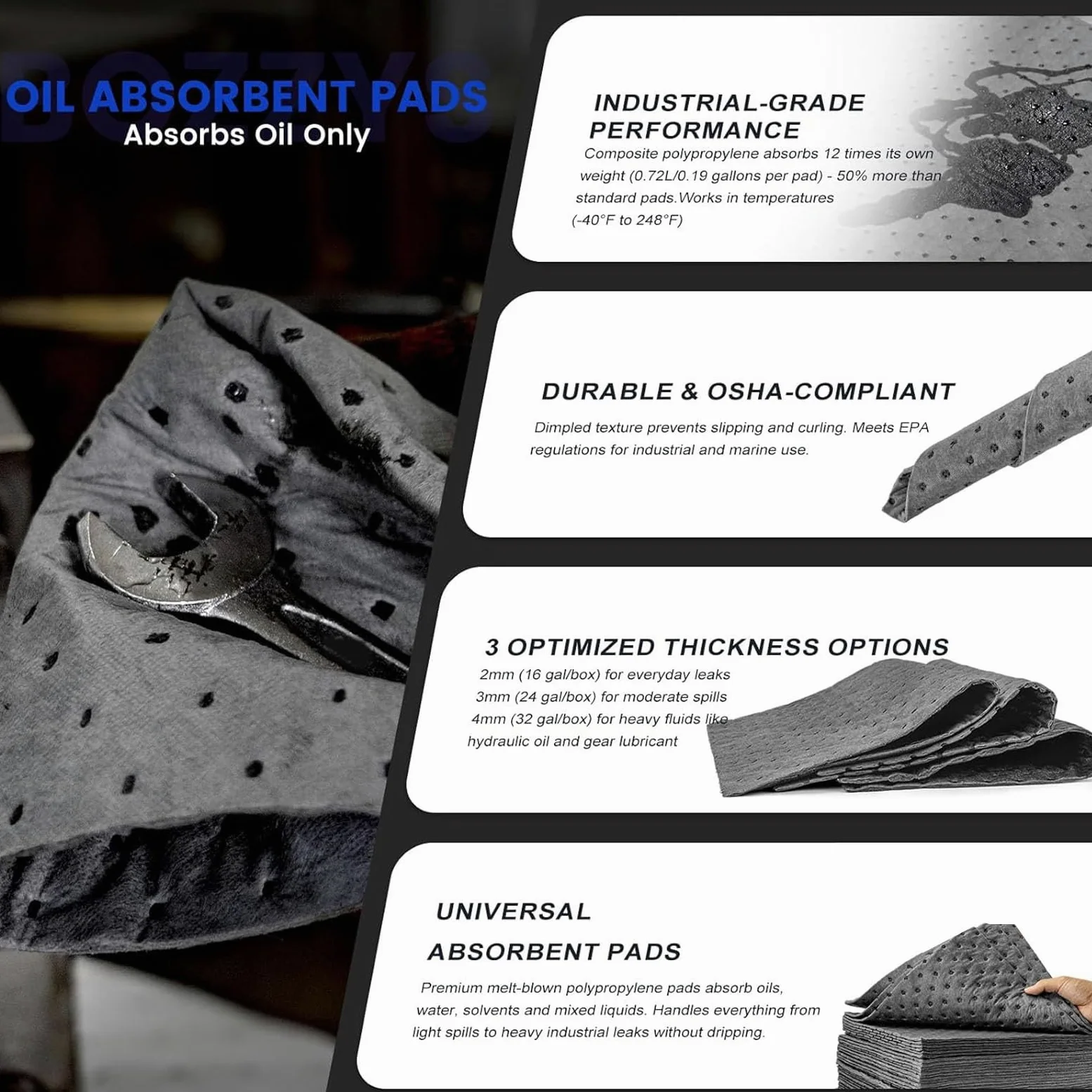 Elprico Rollo de Alfombrilla Absorbente de Aceite, Almohadillas Universales de Peso Pesado, Alfombra de Derrame de Esquina Absorbente para Piso de Garaje, Taller, Sótano e Uso Industrial