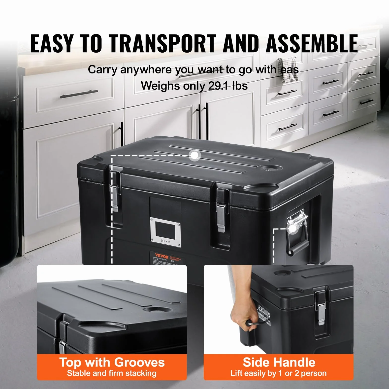VEVOR Transportador de alimentos aislado 36 cuartos caja caliente apilable para catering con 3 sartenes de acero inoxidable calentador de alimentos LLDPE con asas laterales elásticas y hebillas, Negro