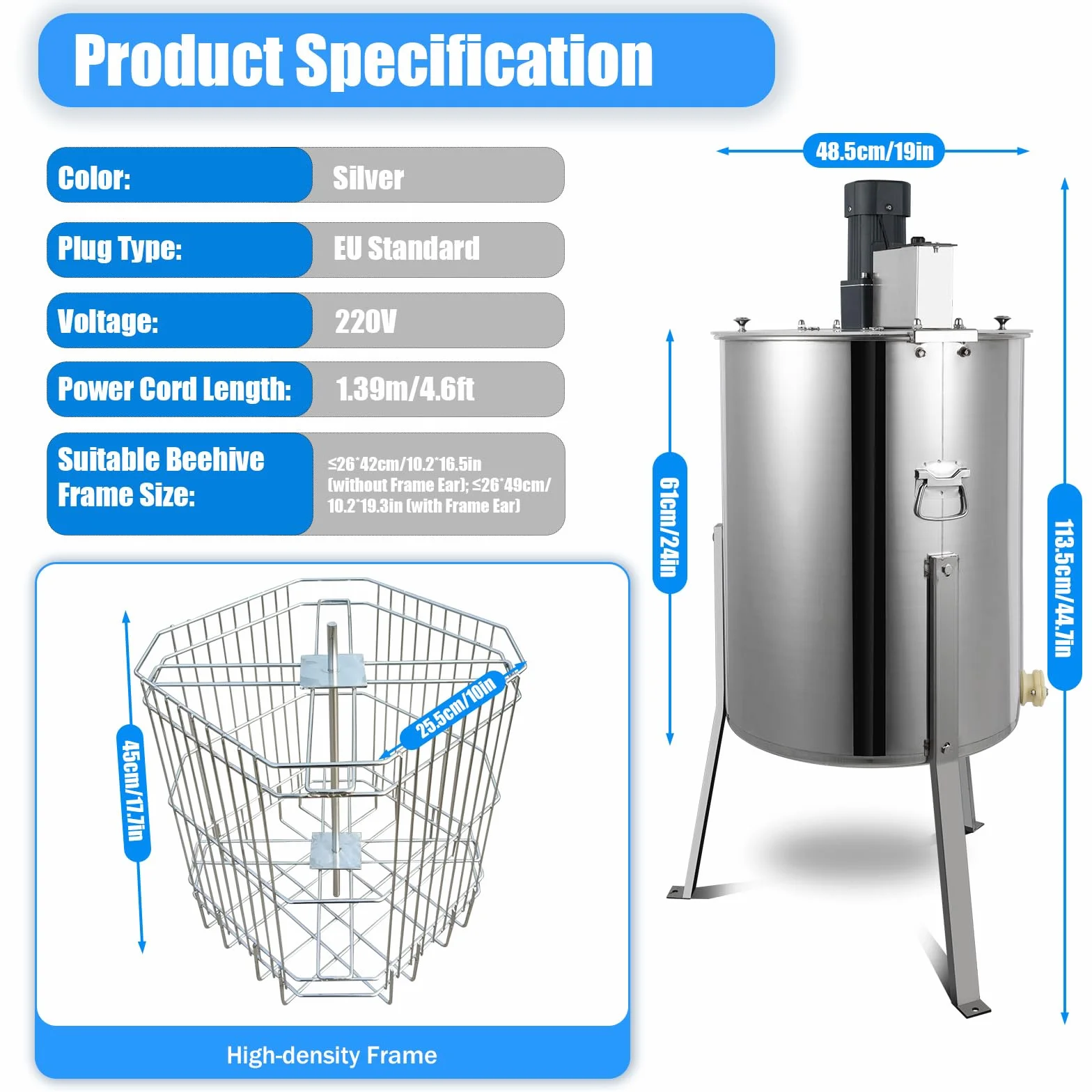 Centrifugadora de miel eléctrica con tapa transparente, 140 W, acero inoxidable, 4 marcos, extractor de miel de 485 mm de diámetro, 270 rpm, extractor de miel eléctrico, accesorios para apicultura y